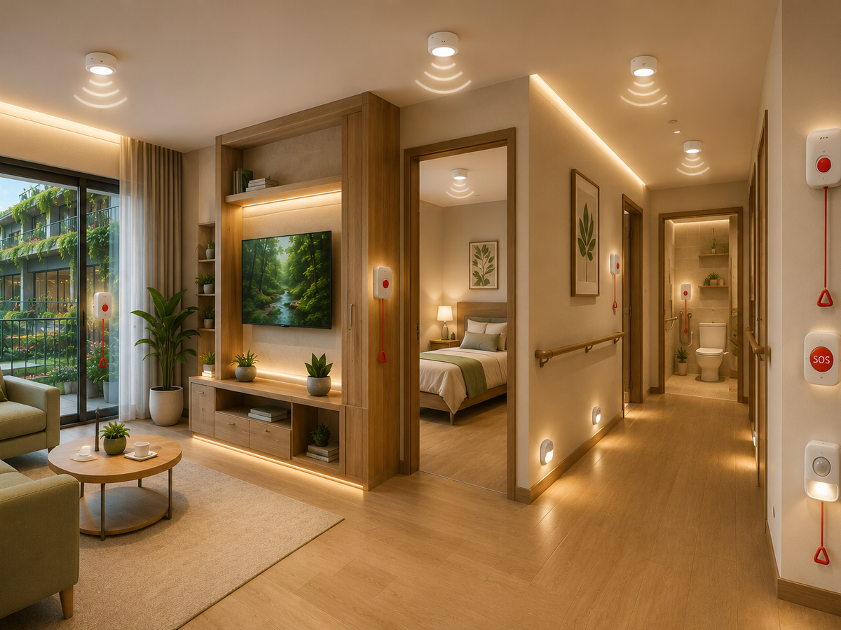 Low-level motion-sensor nightlights illuminating a hallway