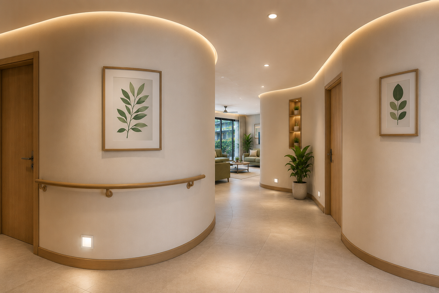 Interior hallway with softly curved wall edges