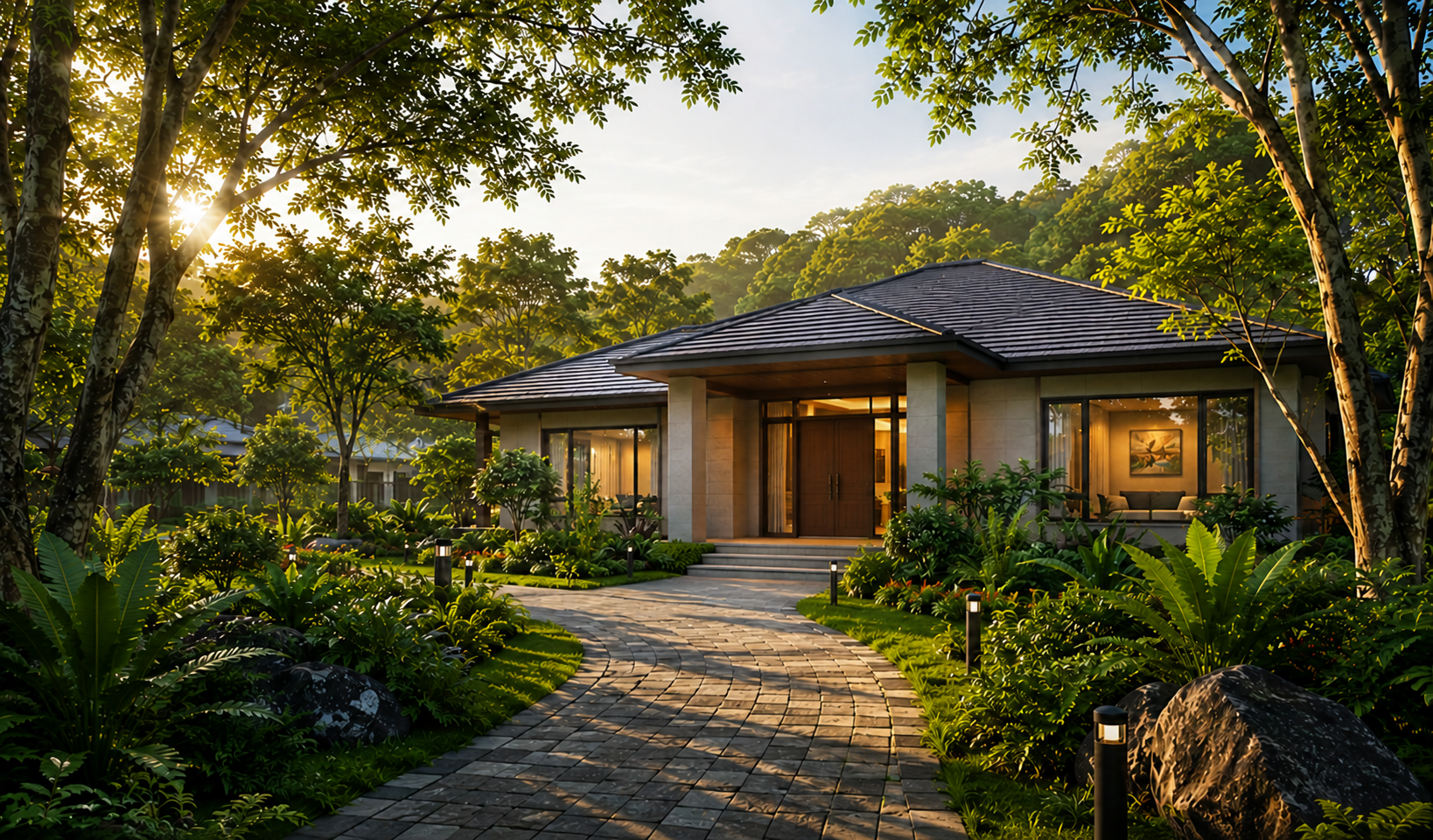 A welcoming residence surrounded by lush gardens at LIFT Shelters