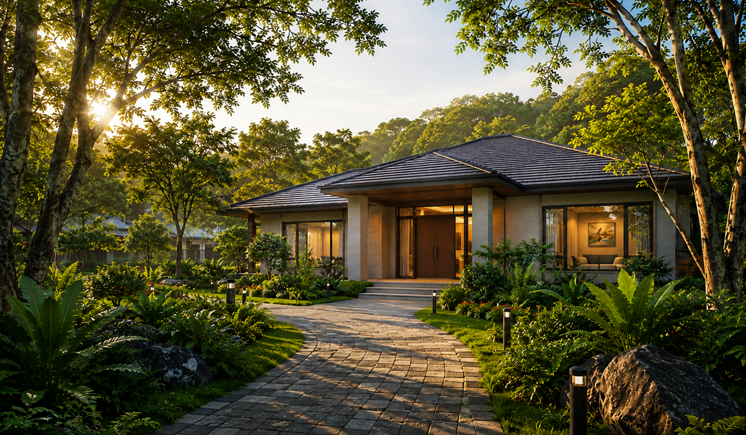 A welcoming residence surrounded by lush gardens at LIFT Shelters