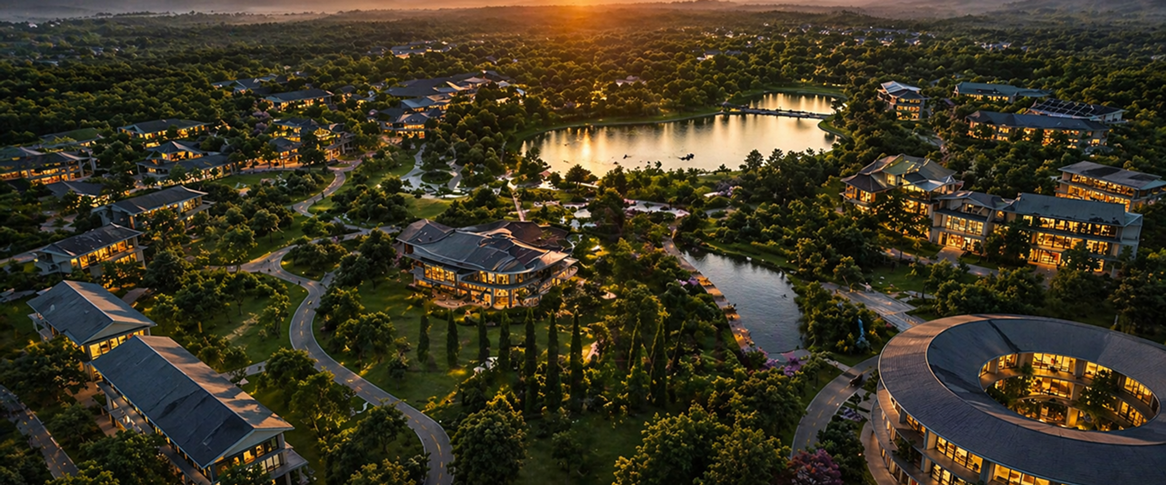 Aerial view of a LIFT Shelters integrated township at sunset