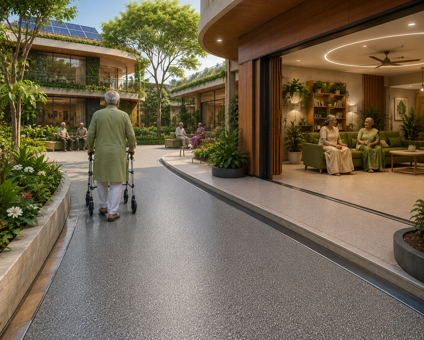 Threshold-free anti-skid flooring in a bright residence