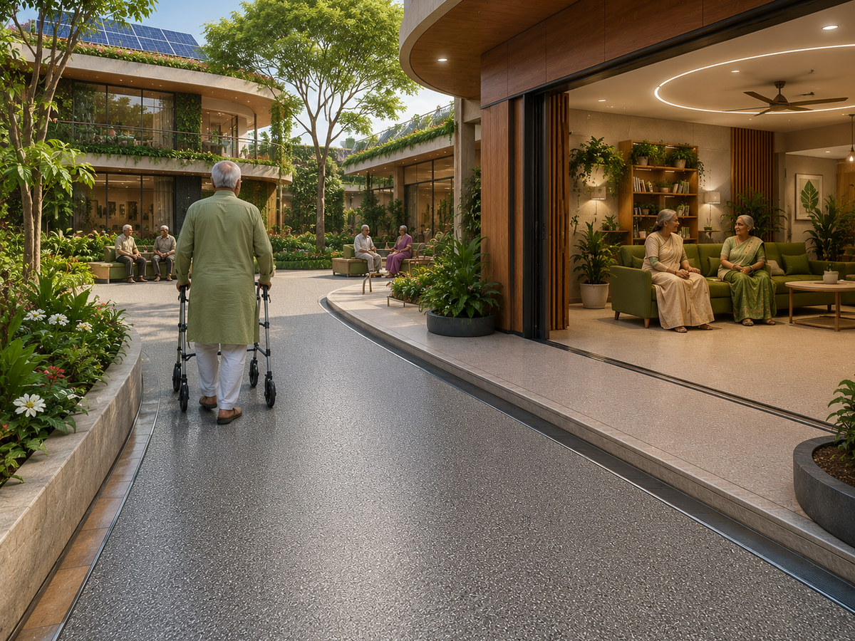 Threshold-free anti-skid flooring in a bright residence
