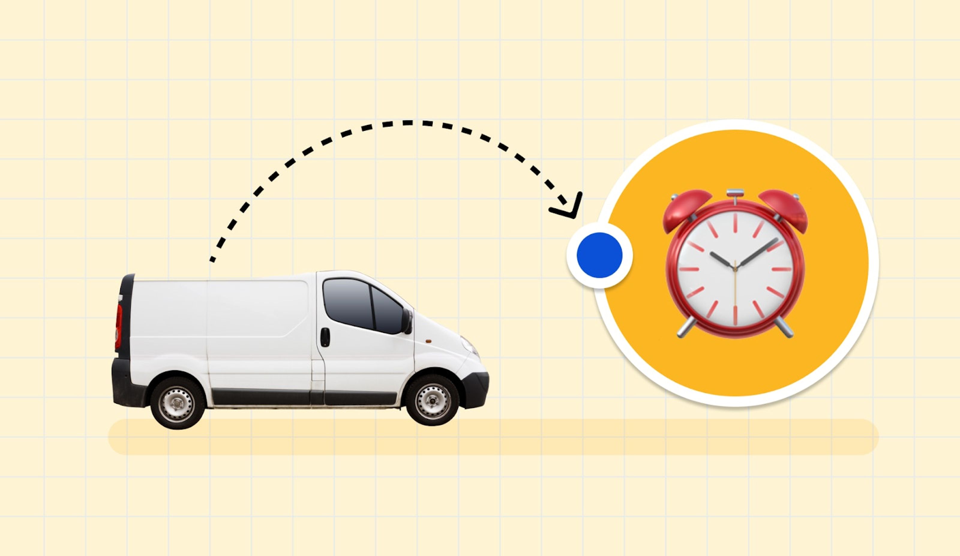 Delivery van with arrow pointing to a clock indicating an on time delivery