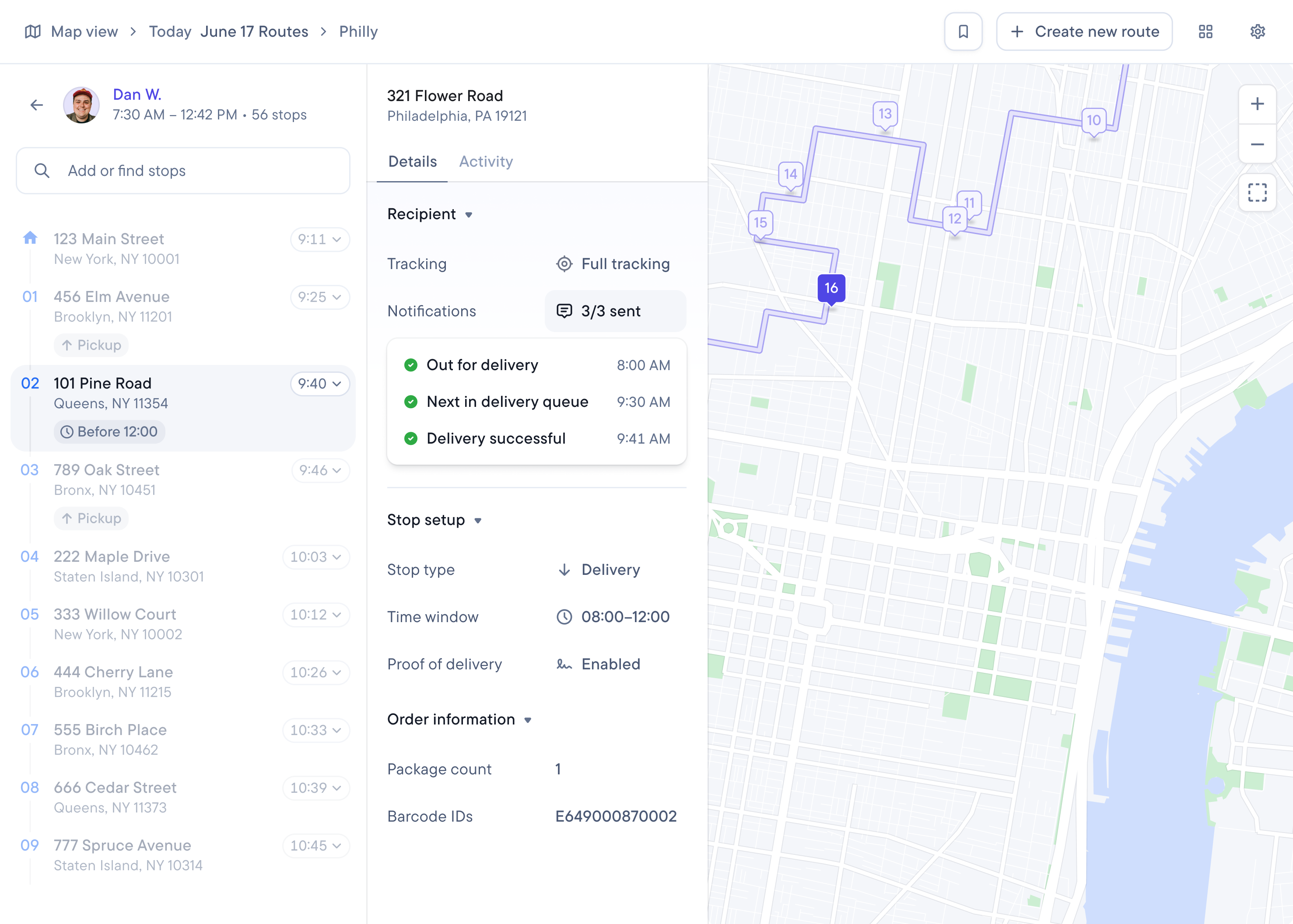 Dispatch with a route map, list of stops, and tracking details for a selected stop.