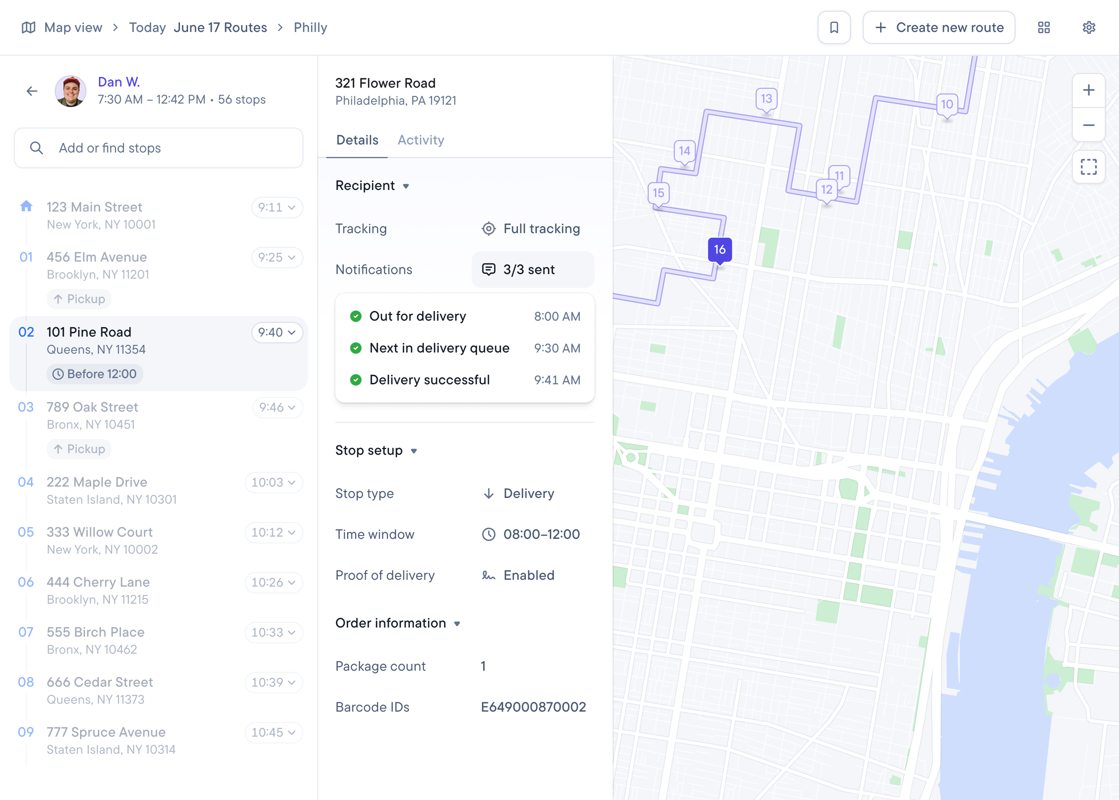 Dispatch with a route map, list of stops, and tracking details for a selected stop.