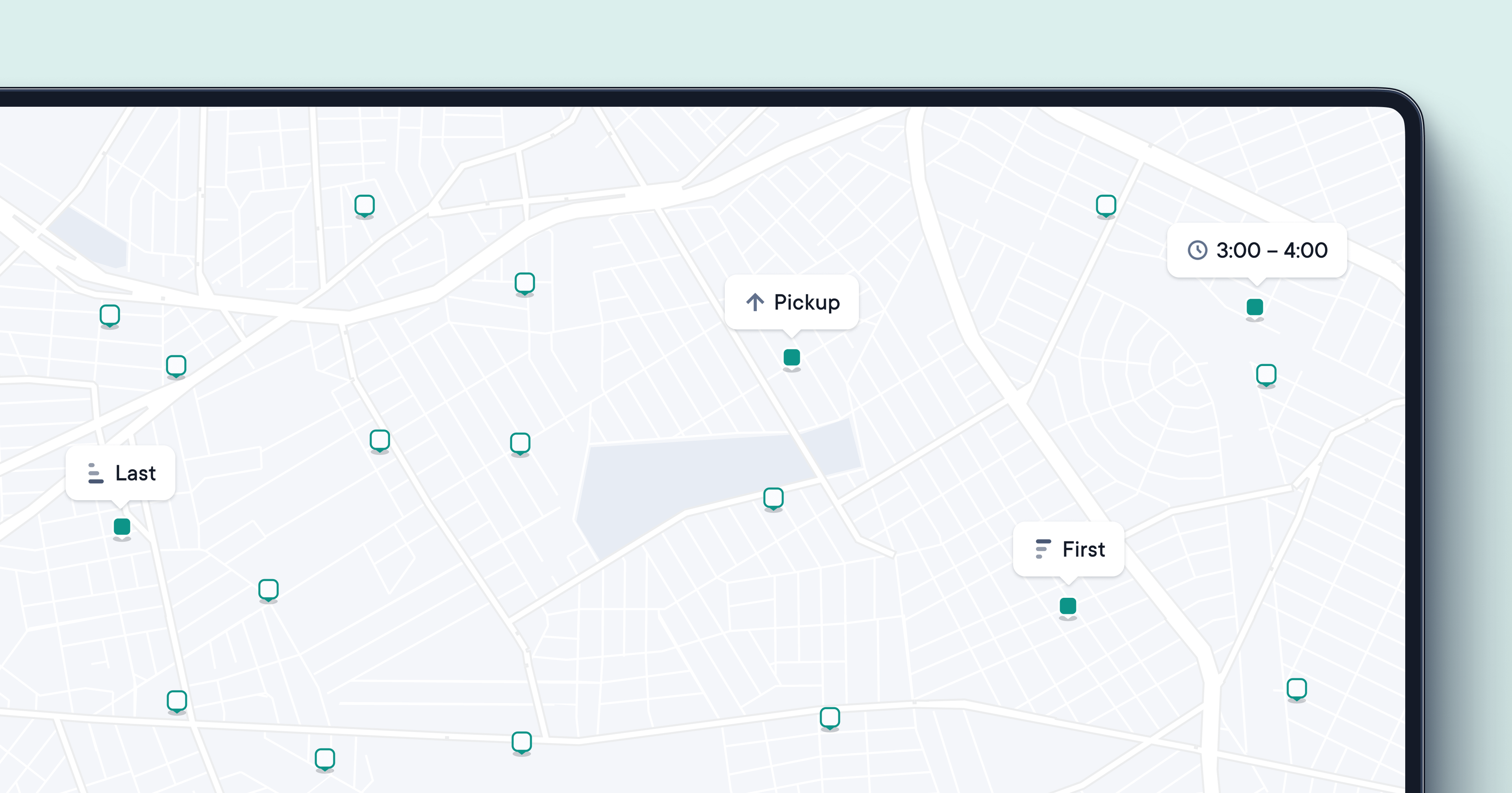 Map interface with multiple delivery stop markers, showing pickup and drop-off locations along with a time window of 3:00–4:00 PM.