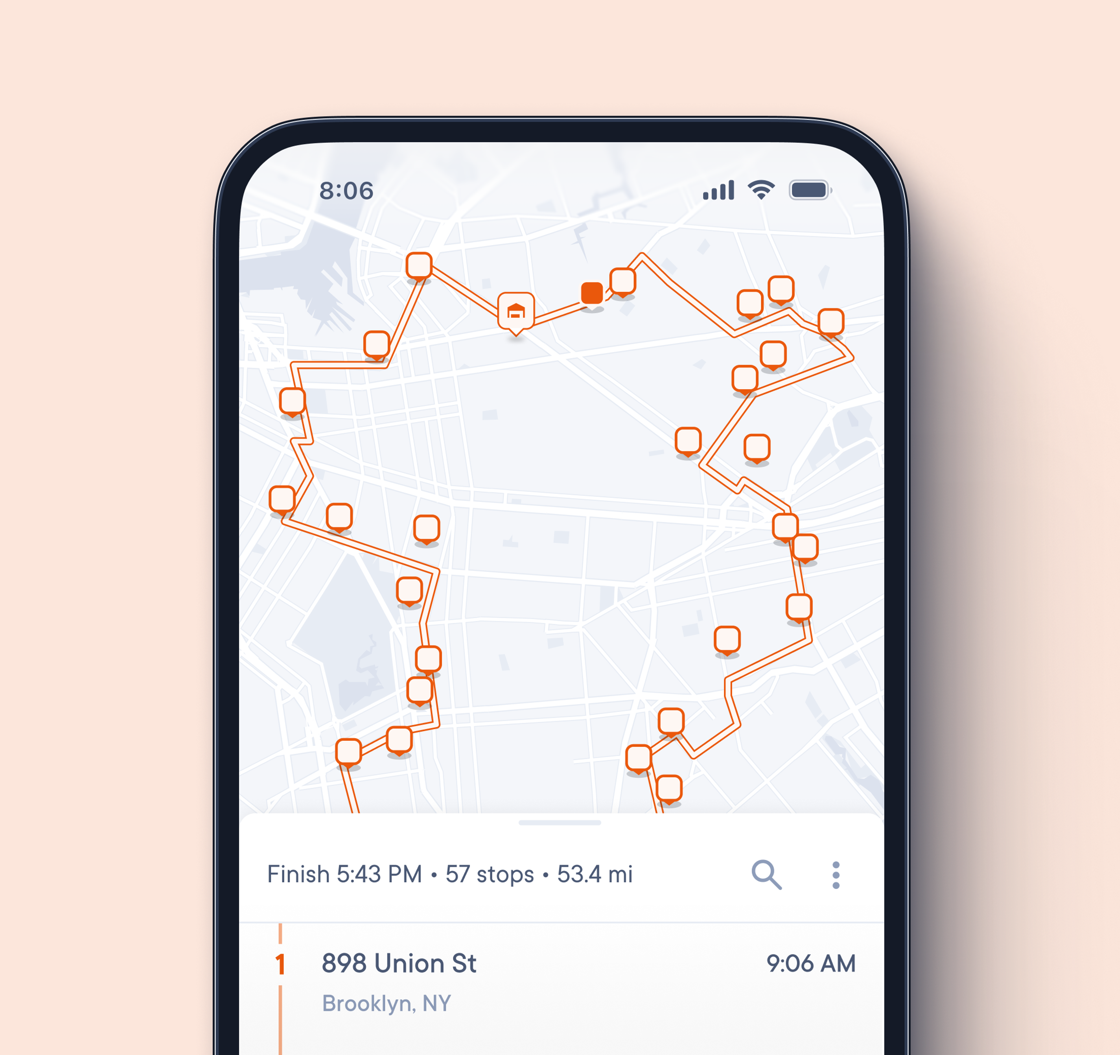 A smartphone screen displaying a delivery driver's planned route on a map. The screen shows details such as total stops (57), total distance (53.4 miles), and estimated finish time (5:43 PM).