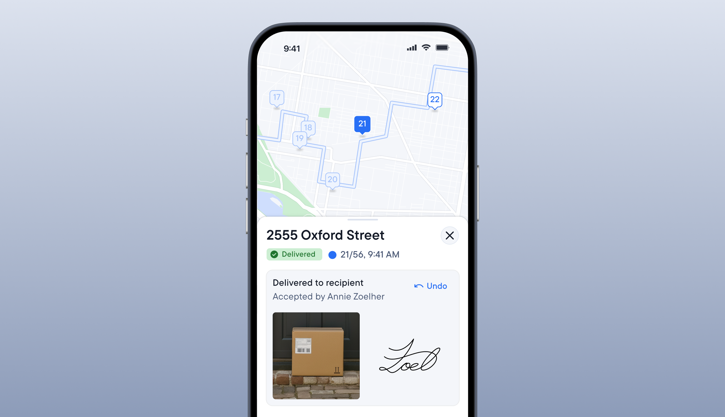Driver app showing a delivered stop at 2555 Oxford Street with a package photo and the recipient’s signature