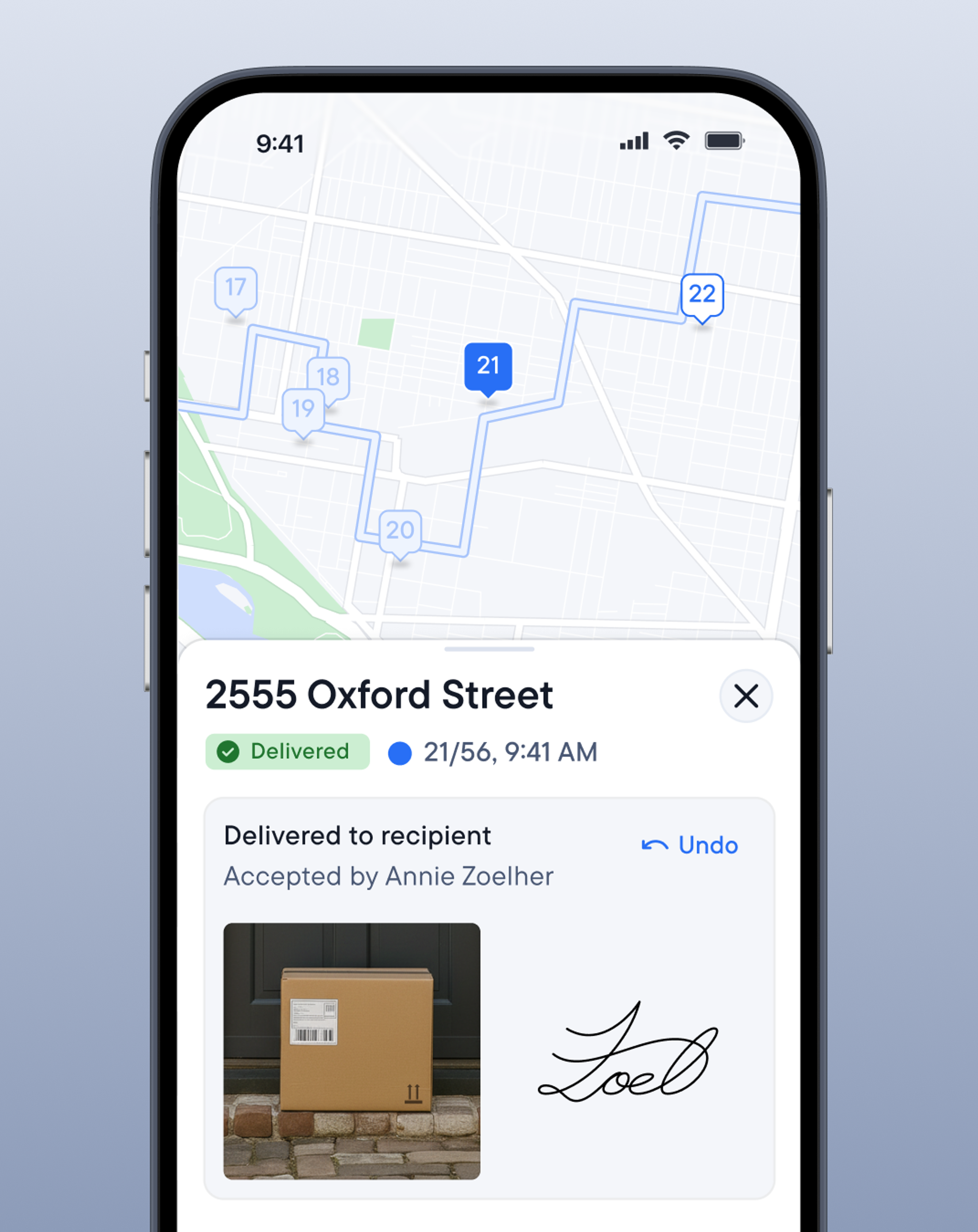 Driver app showing a delivered stop at 2555 Oxford Street with a package photo and the recipient’s signature