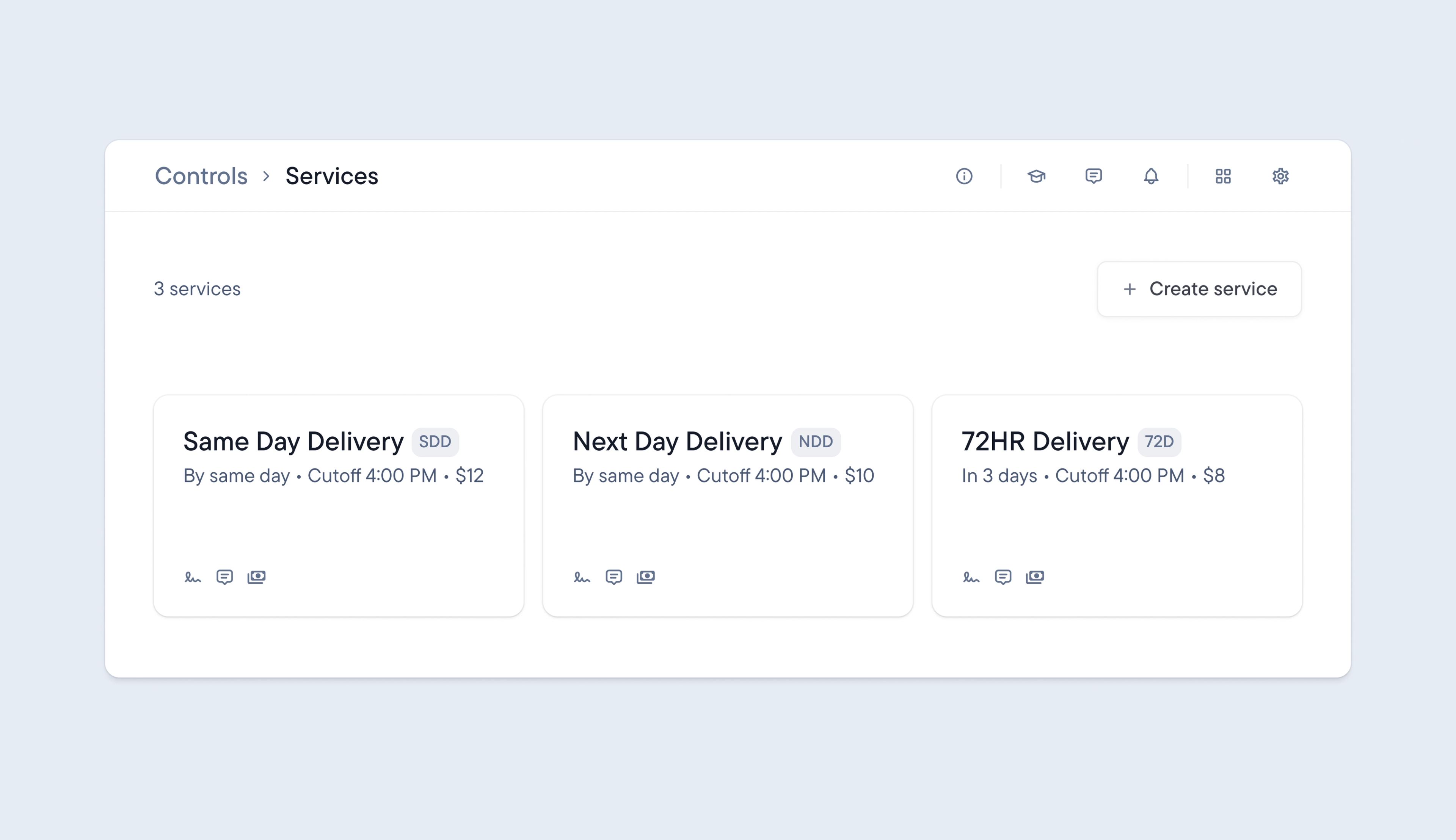 User interface displaying a services management page with cards for Same Day, Next Day, and 72HR Delivery options.