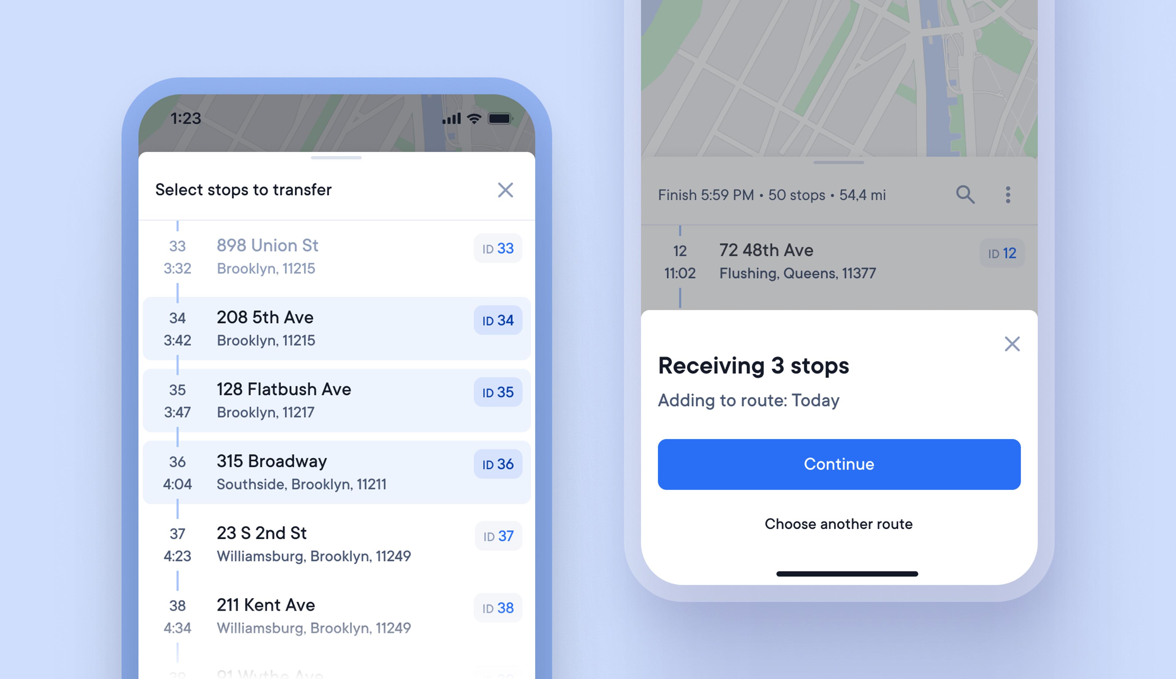 Two smartphone screens displaying a route planning app. The left screen shows a list of selectable stops, with multiple highlighted, under the title "Select stops to transfer." The right screen shows a pop-up confirming "Receiving 3 stops" to add to a route.