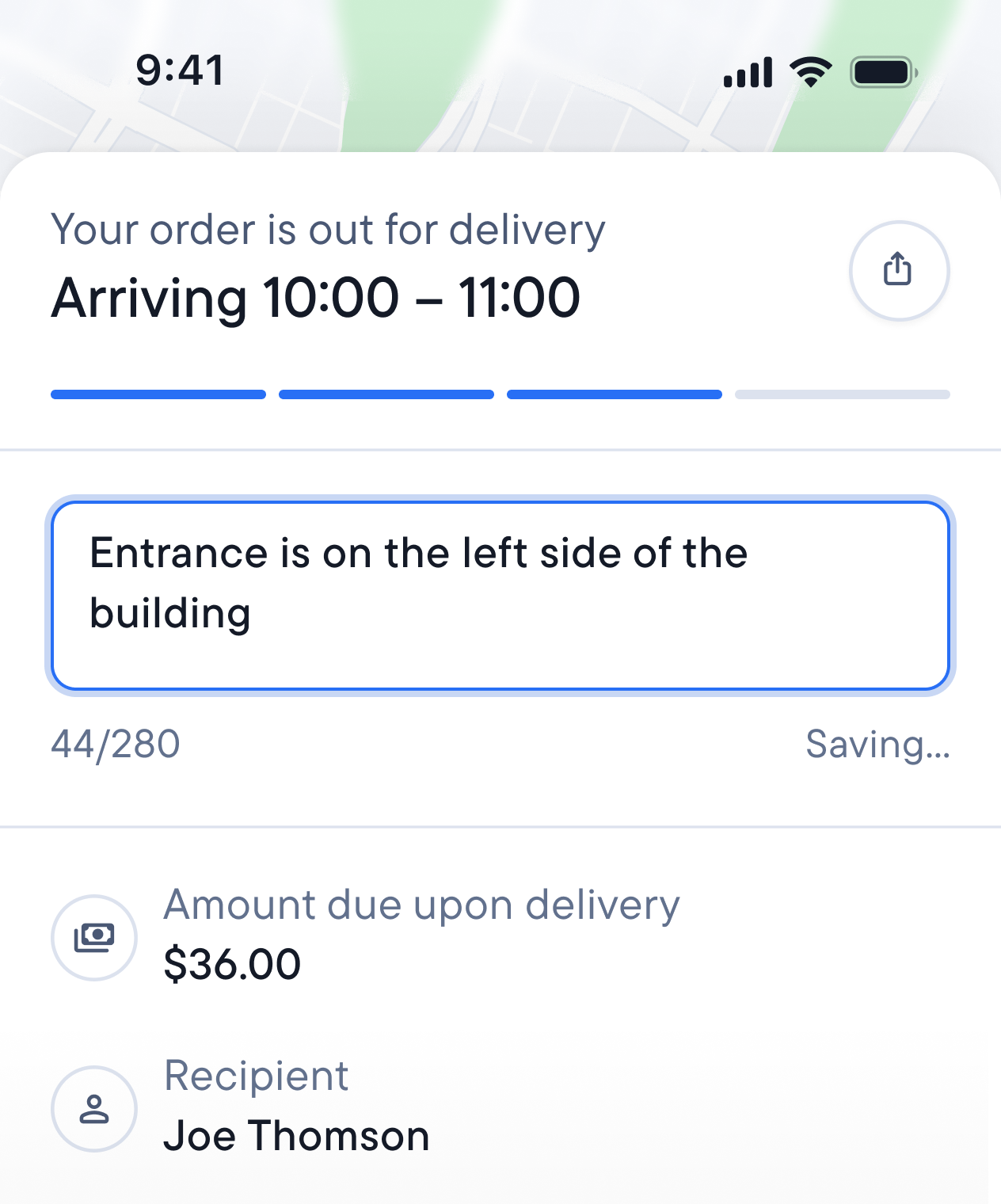 Delivery tracking page with a map, estimated arrival time, and entered delivery driver access instructions "Entrance on the left side".