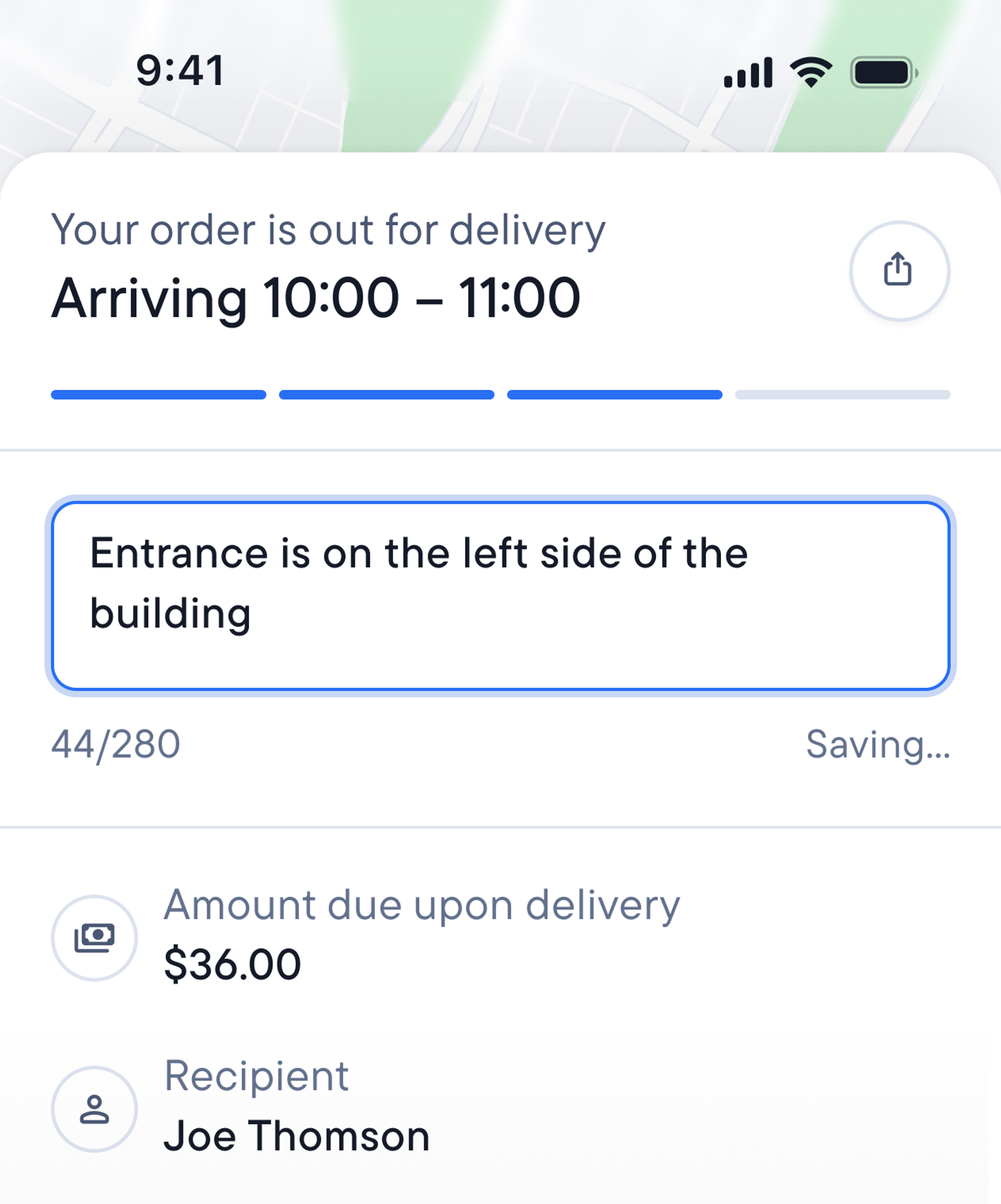 Delivery tracking page with a map, estimated arrival time, and entered delivery driver access instructions "Entrance on the left side".