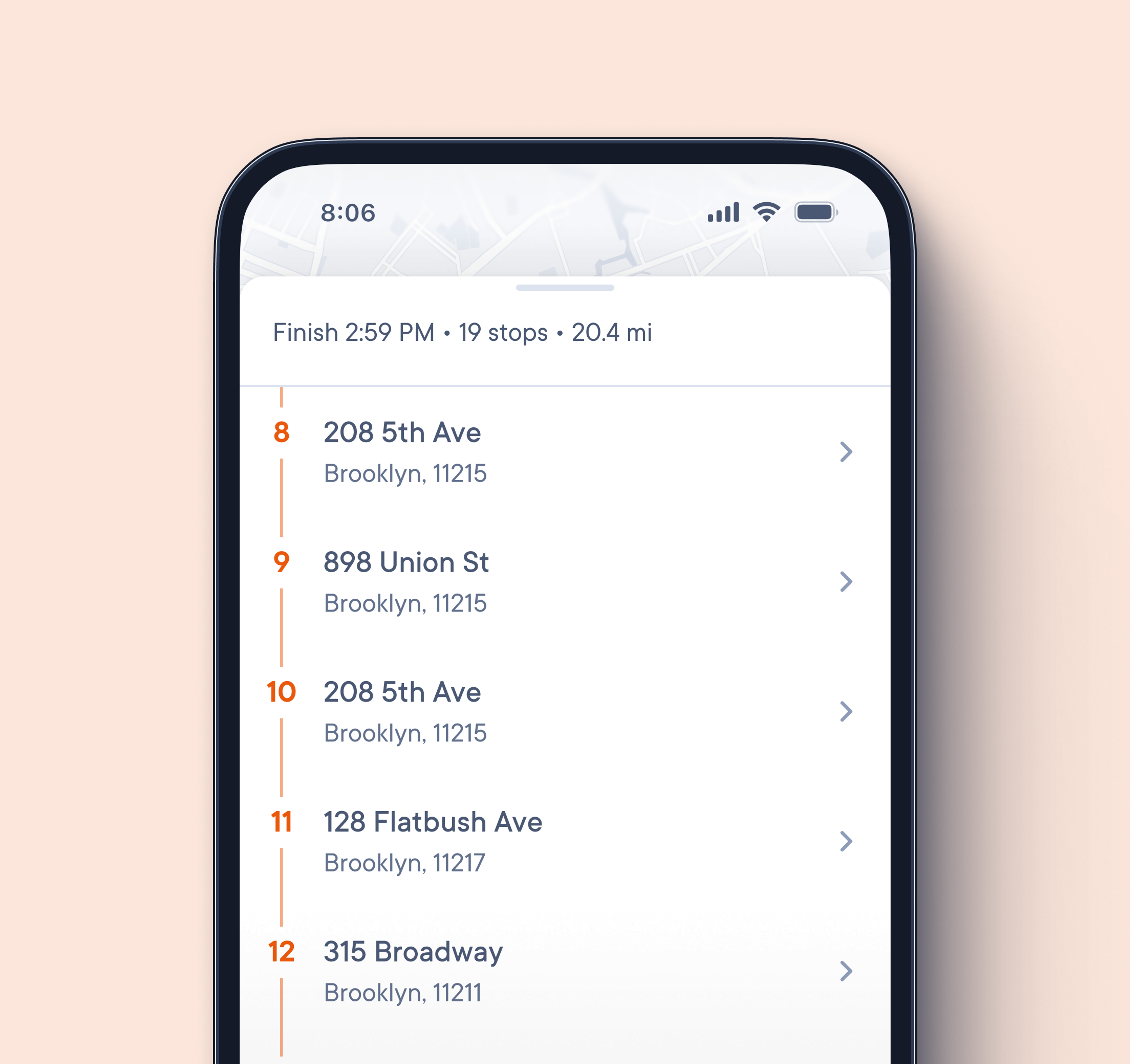 Smartphone screen showing a stop list view with delivery addresses in Brooklyn, including stop numbers, street names, zip codes, and a progress summary indicating 19 stops over 20.4 miles finishing at 2:59 PM