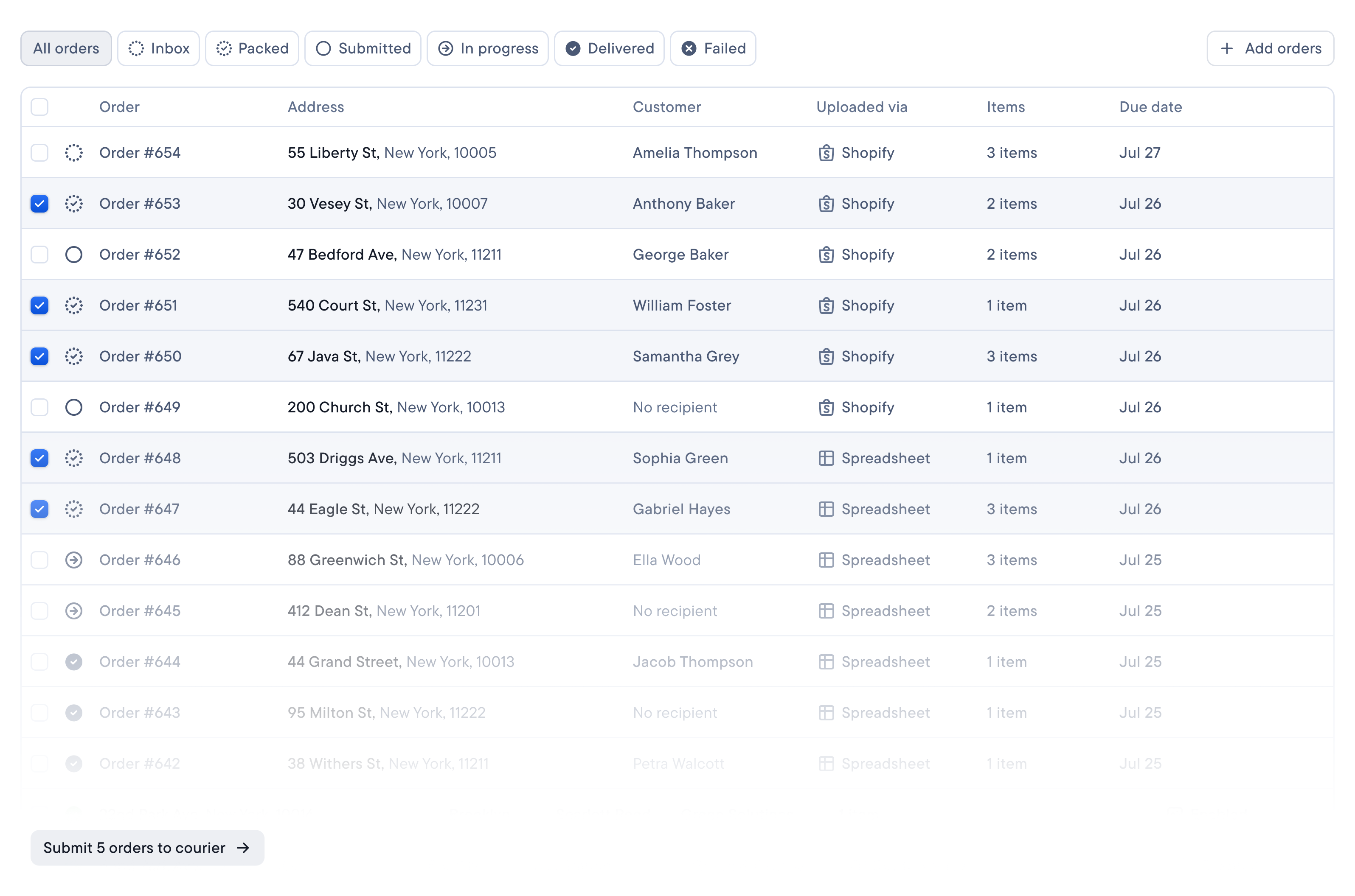 Spoke Connect displays a list of orders, with five orders selected and a "Submit 5 orders to courier" button.