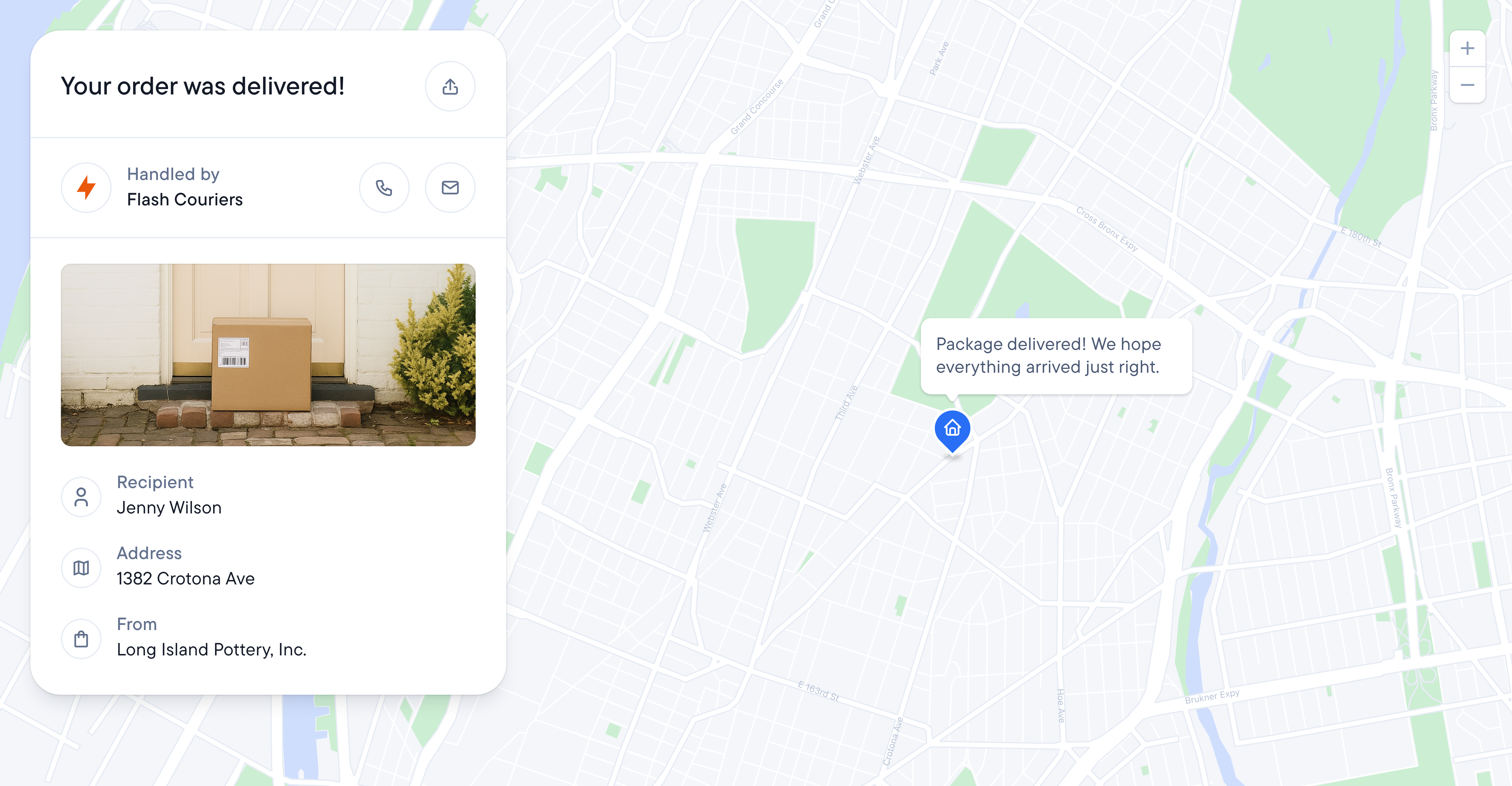 Screenshot of a package tracking app showing a "delivered" notification, a photo of a box on a doorstep, and a map with the delivery location.