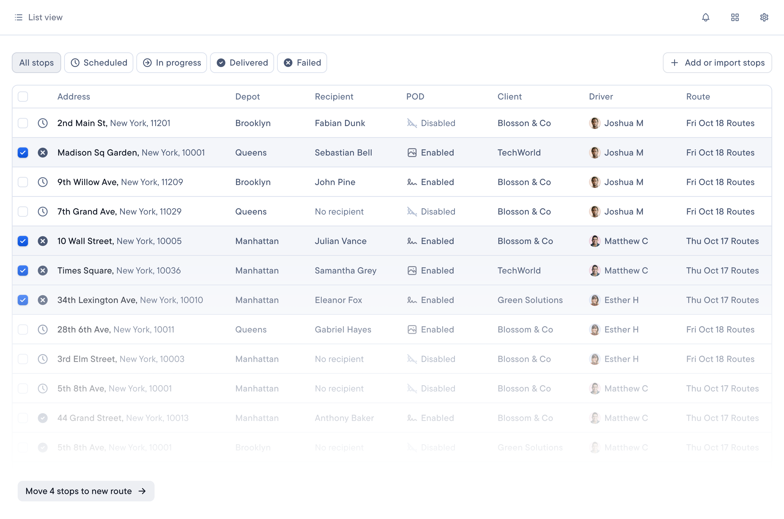 Dispatch displaying a list of stops, with "Delivered" filter selected, showing details like address, client, driver, and route.
