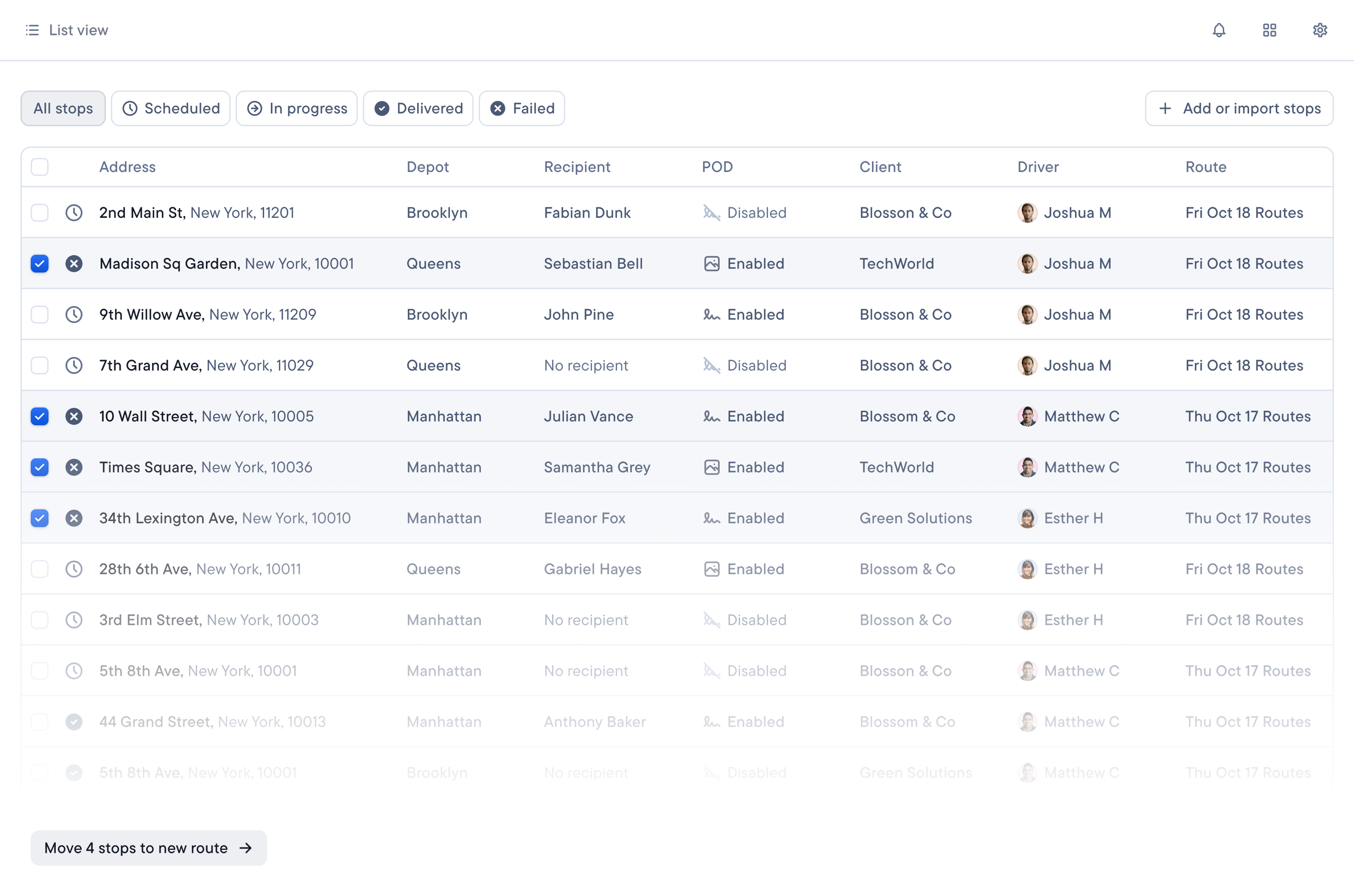 Dispatch displaying a list of stops, with "Delivered" filter selected, showing details like address, client, driver, and route.
