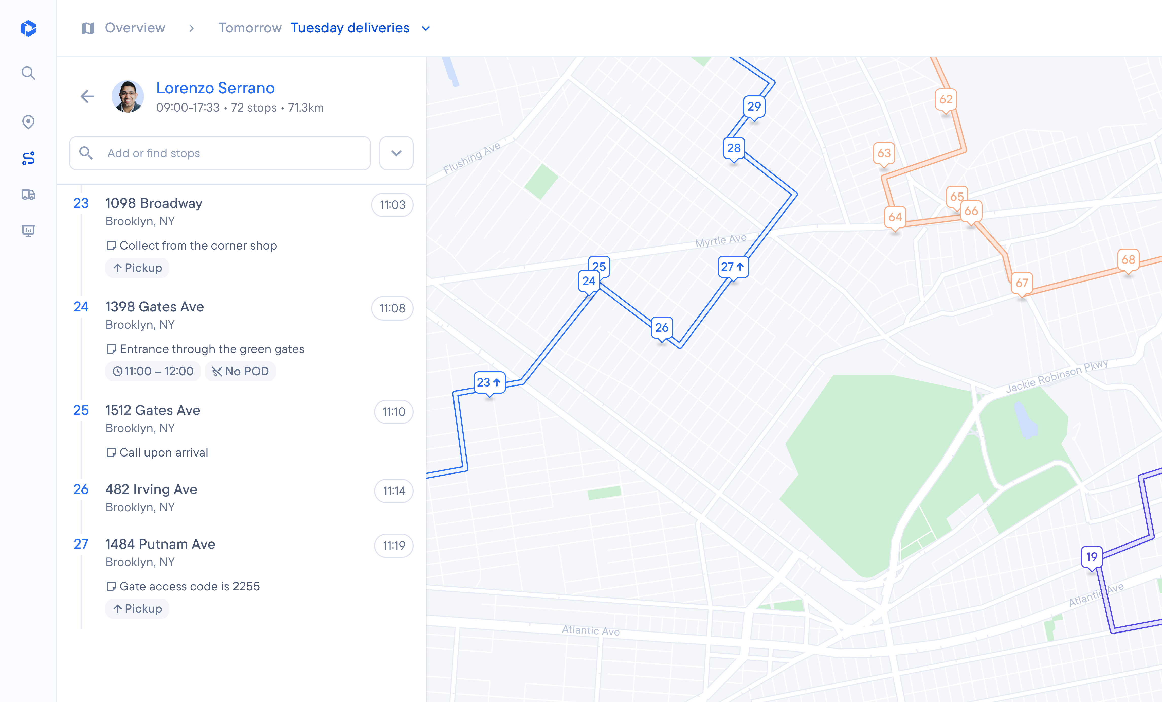Delivery management software showing a driver's detailed stop list and a map with color-coded routes.