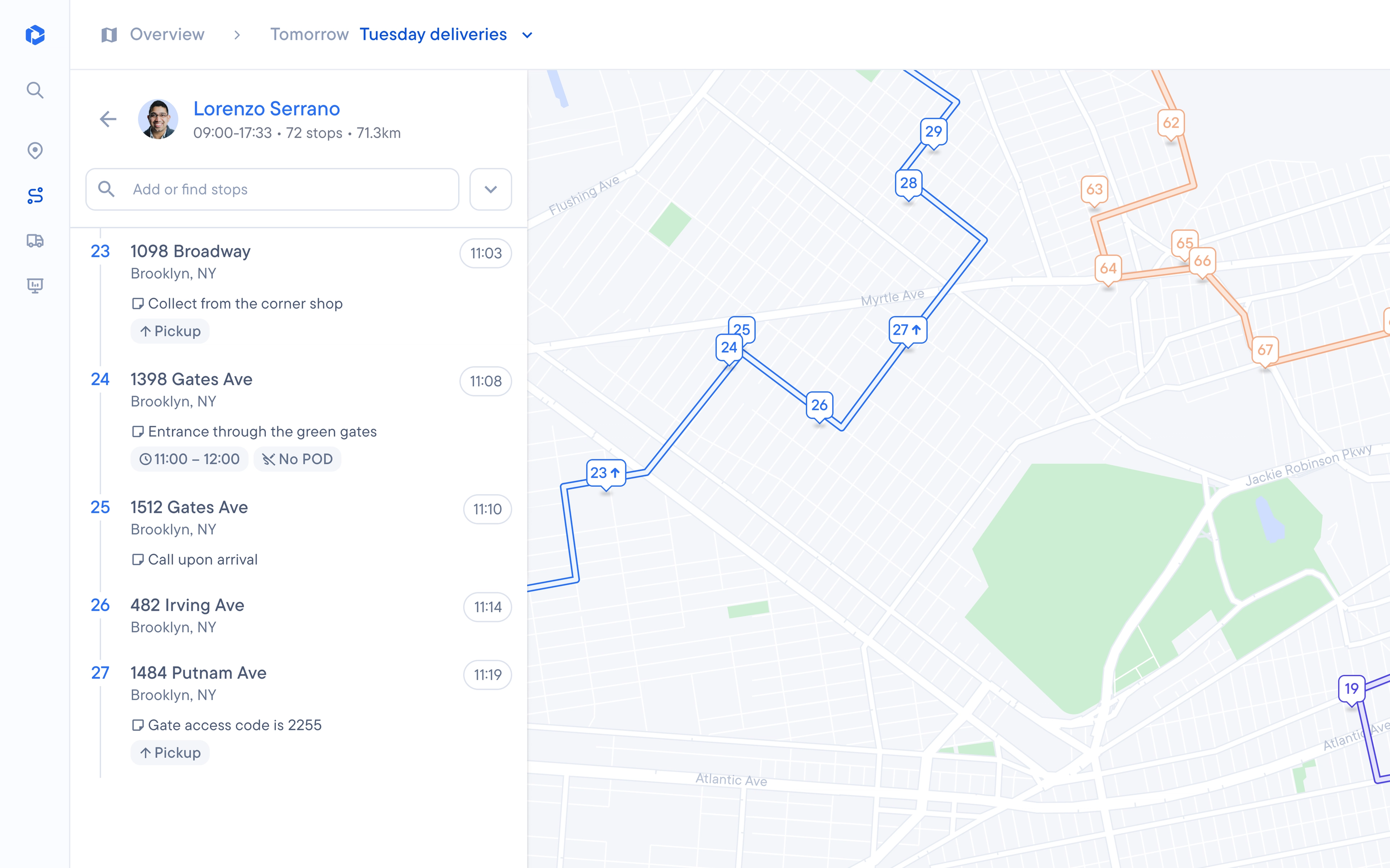 Delivery management software showing a driver's detailed stop list and a map with color-coded routes.