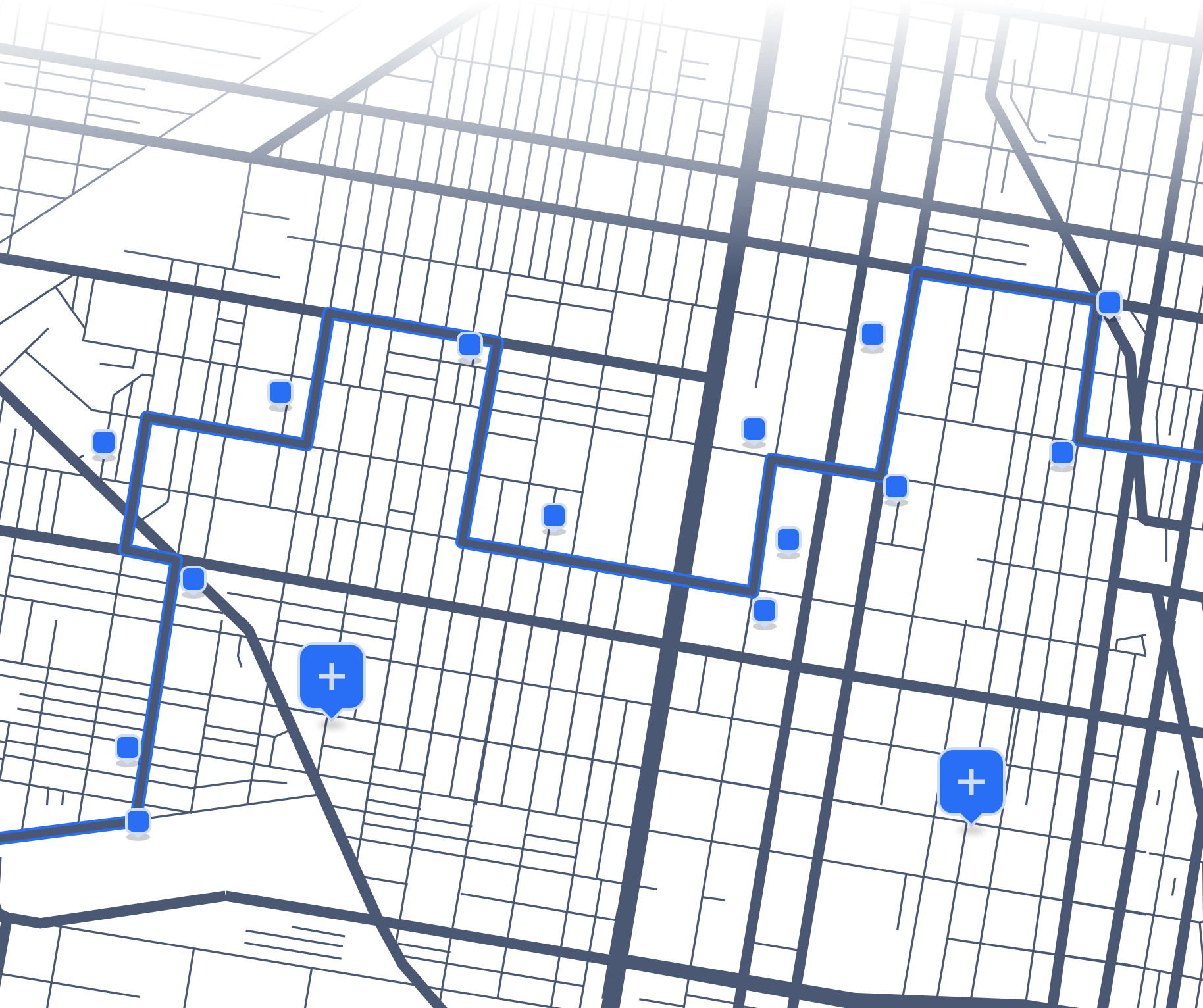 Dark-themed route map with a rigid path and fixed stops, representing a non-adaptive or inflexible delivery system.