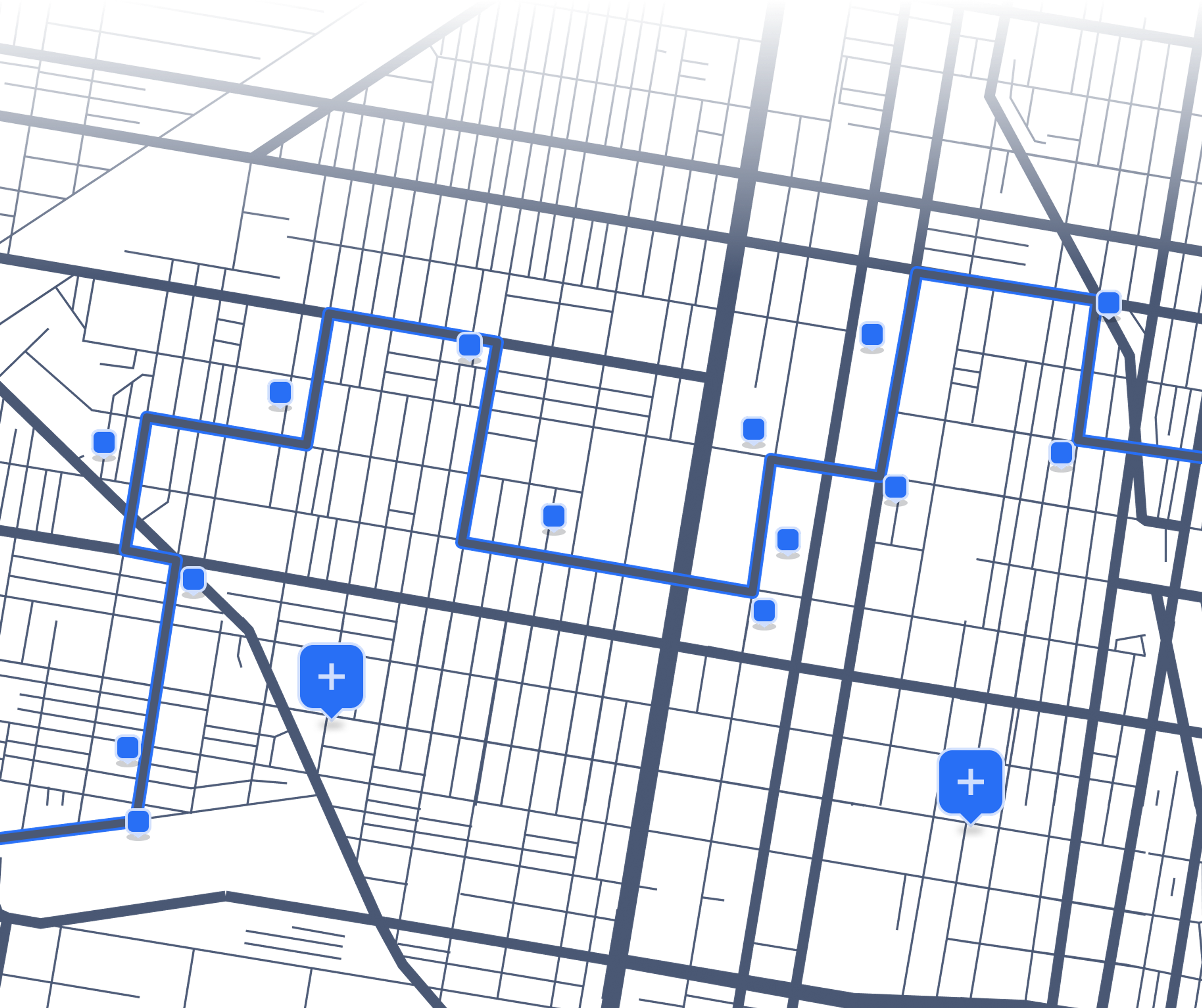 Dark-themed route map with a rigid path and fixed stops, representing a non-adaptive or inflexible delivery system.