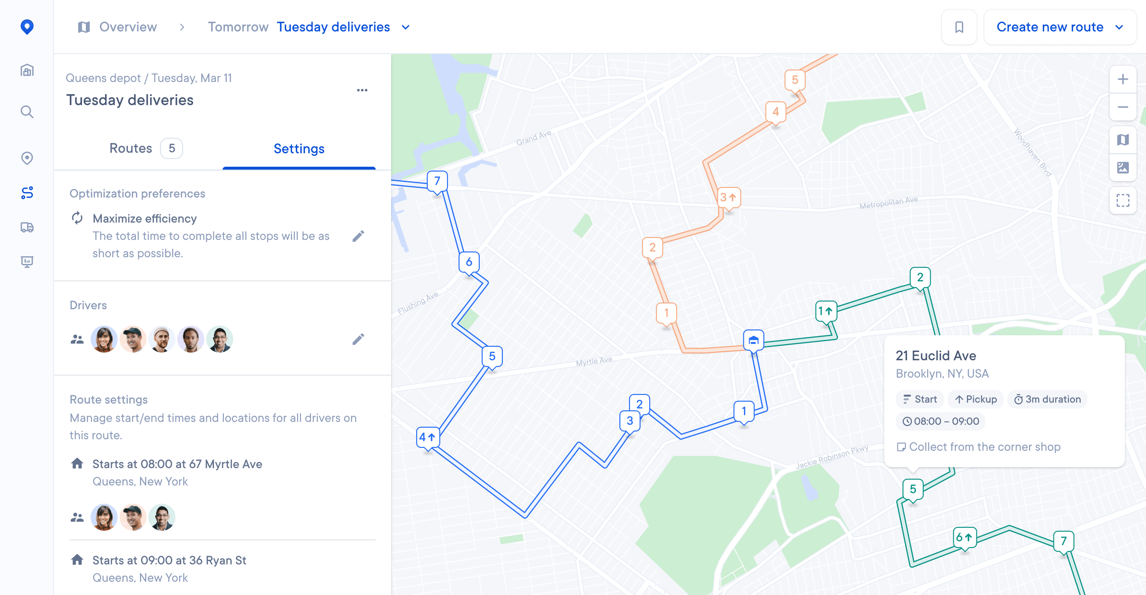 Route optimization dashboard for Tuesday deliveries from the Queens depot, showing five delivery routes assigned to different drivers, with map visualization of delivery stops and route paths color-coded for each driver. Includes delivery details for 21 Euclid Ave in Brooklyn, NY with a scheduled pickup between 08:00 and 09:00.