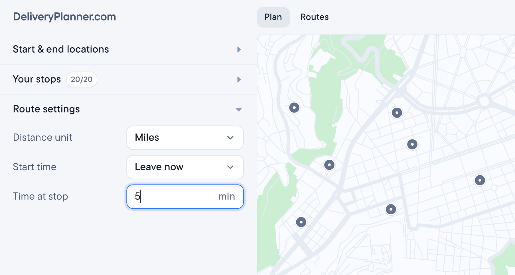 DeliveryPlanner.com interface with route settings showing 20 stops, 5 minutes per stop, and a map with location pins.