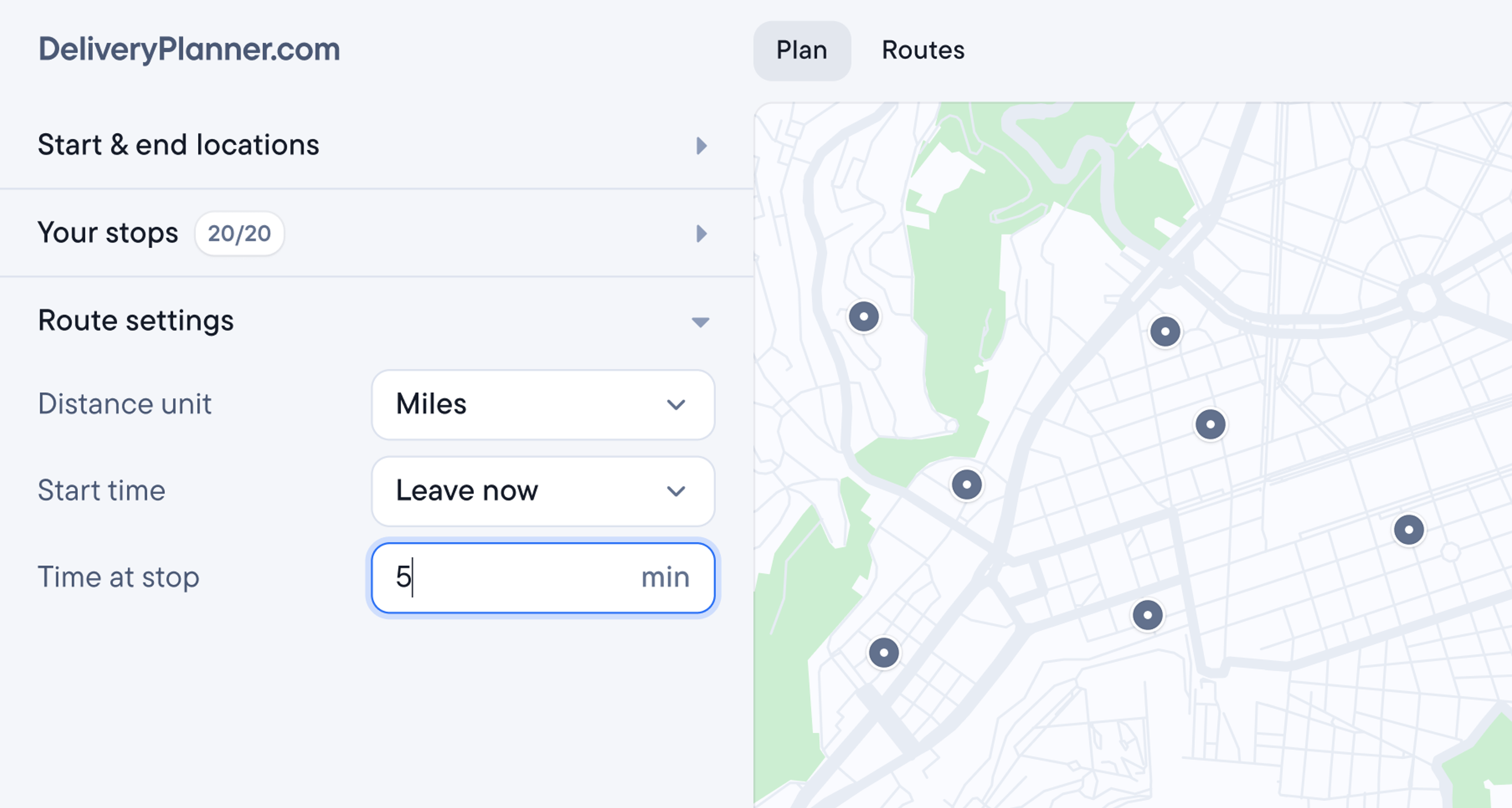 DeliveryPlanner.com interface with route settings showing 20 stops, 5 minutes per stop, and a map with location pins.