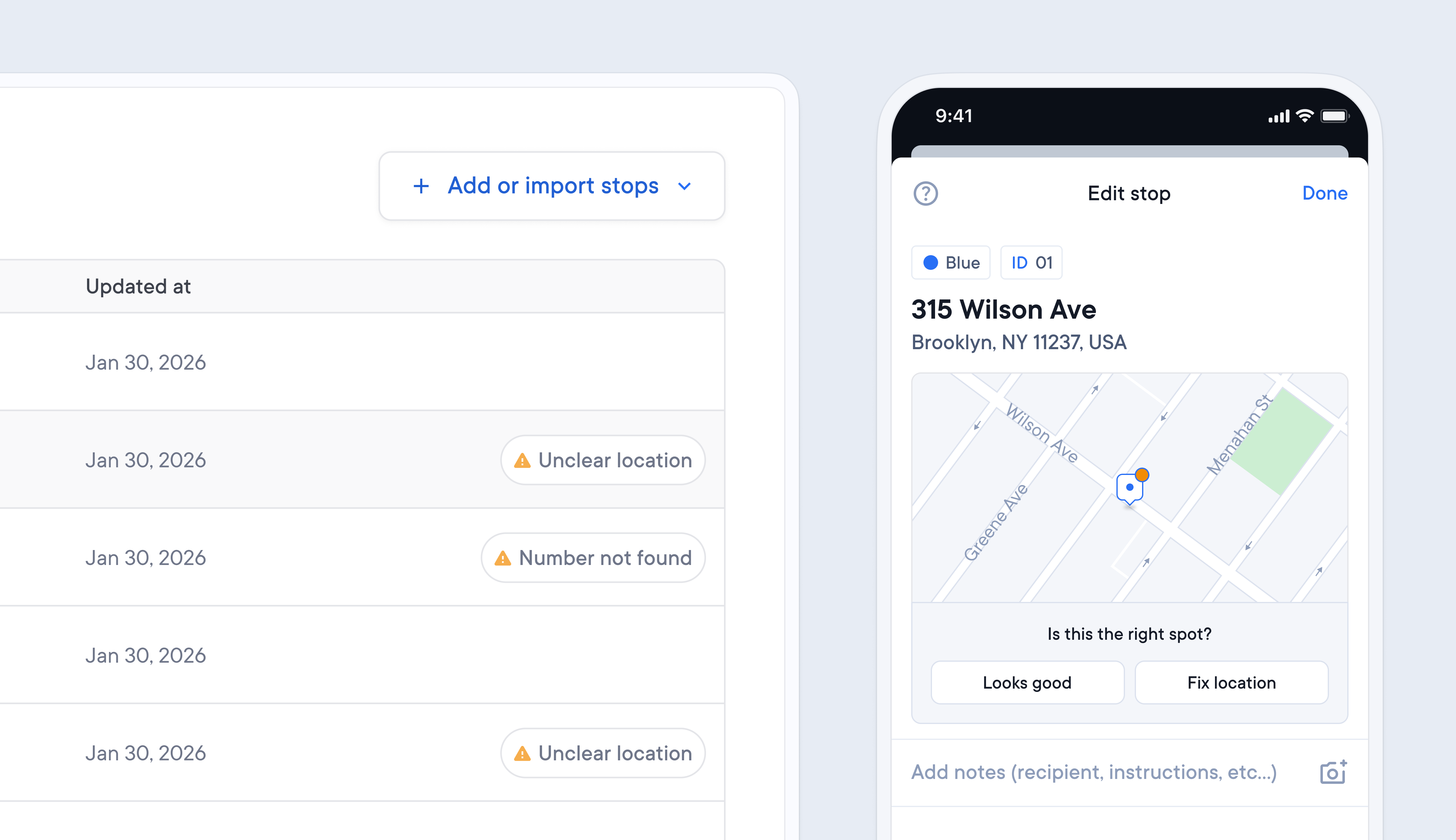 A desktop interface listing route stops with location errors, and a mobile app for editing a stop's address with a map.