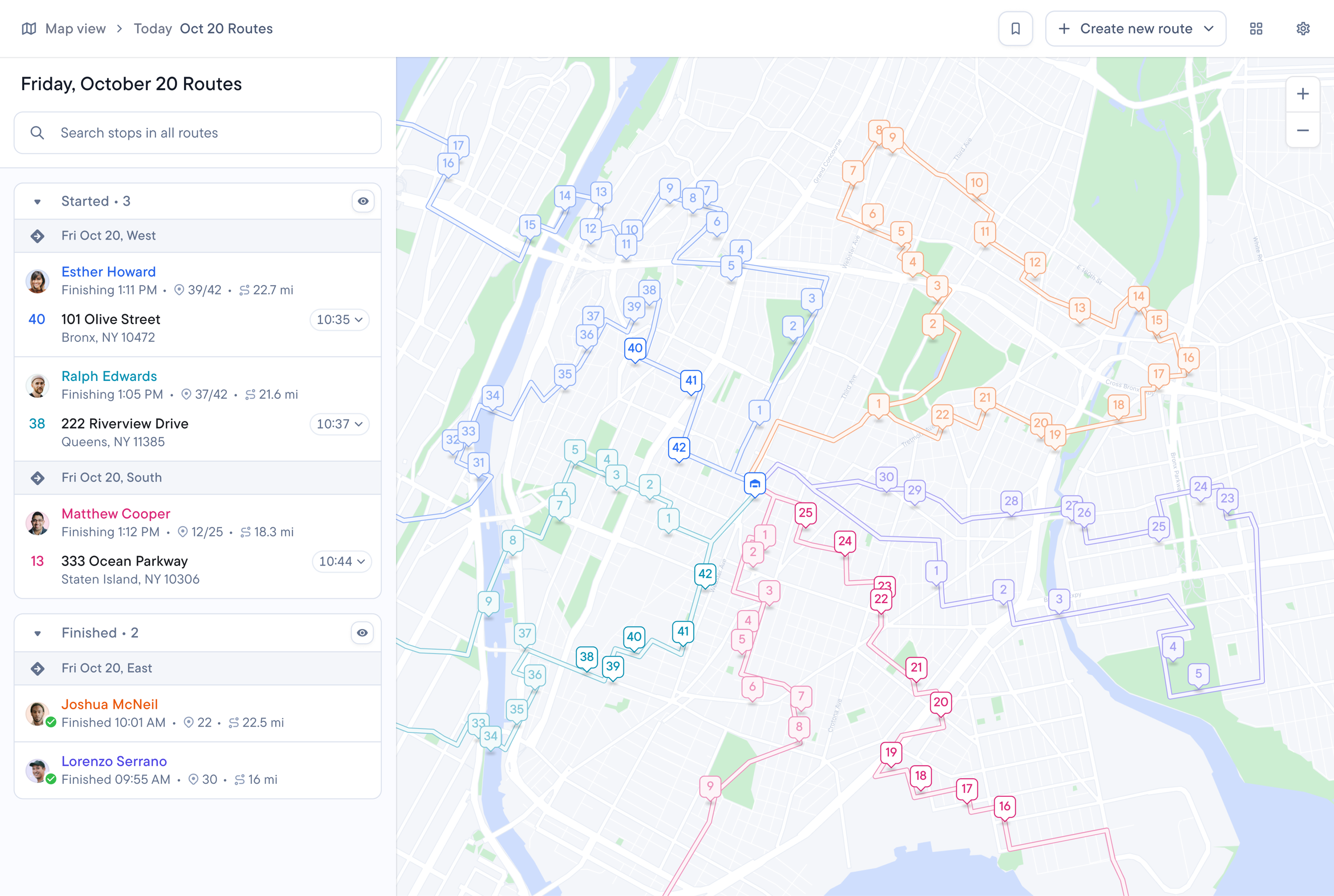 Spoke Dispatch map view showing today’s routes for several drivers across New York, with a list of started and finished routes