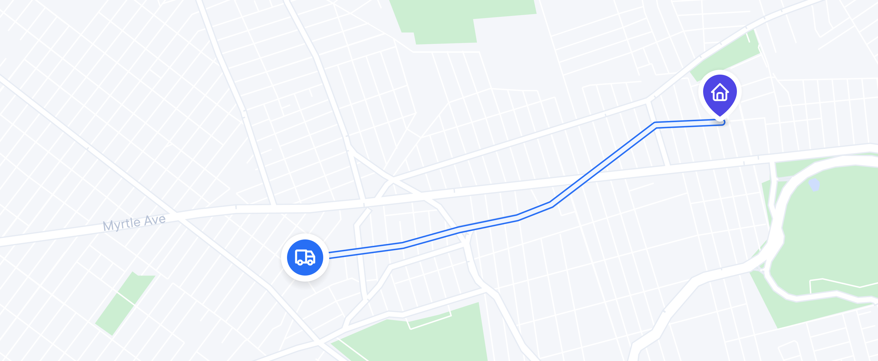 A simplified street-map view in light gray and white, with a few green park areas. A bold blue route begins at a circular truck icon just south of Myrtle Avenue, travels east along neighborhood streets, and ends at a circular home icon on the right.