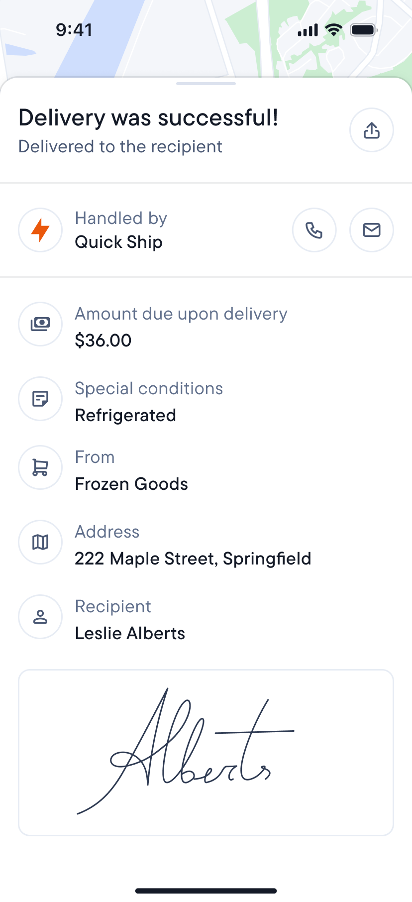 Spoke Route Planner showing a "Delivery was successful!" notification, delivery details, and a signature reading "Alberts."