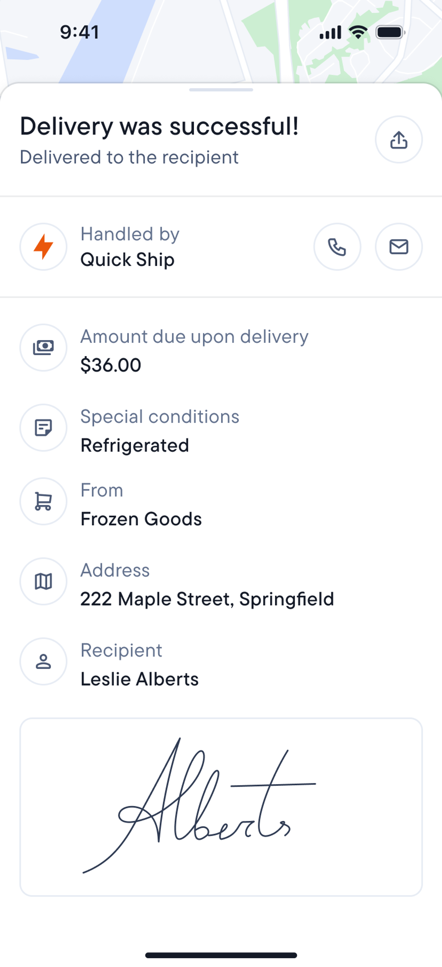 Spoke Route Planner showing a "Delivery was successful!" notification, delivery details, and a signature reading "Alberts."