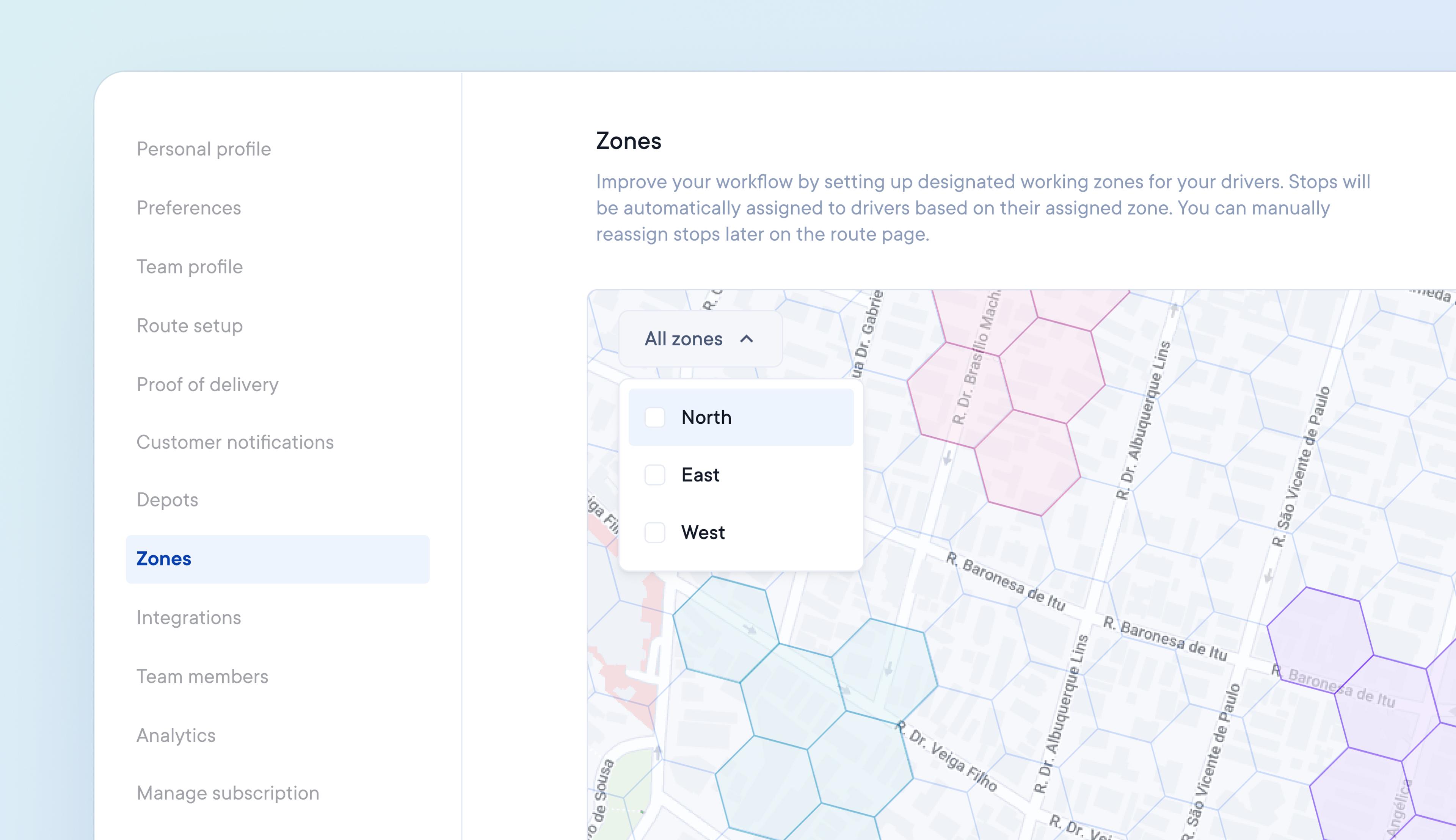 Create geographical delivery zones to assign stops based on driver location automatically