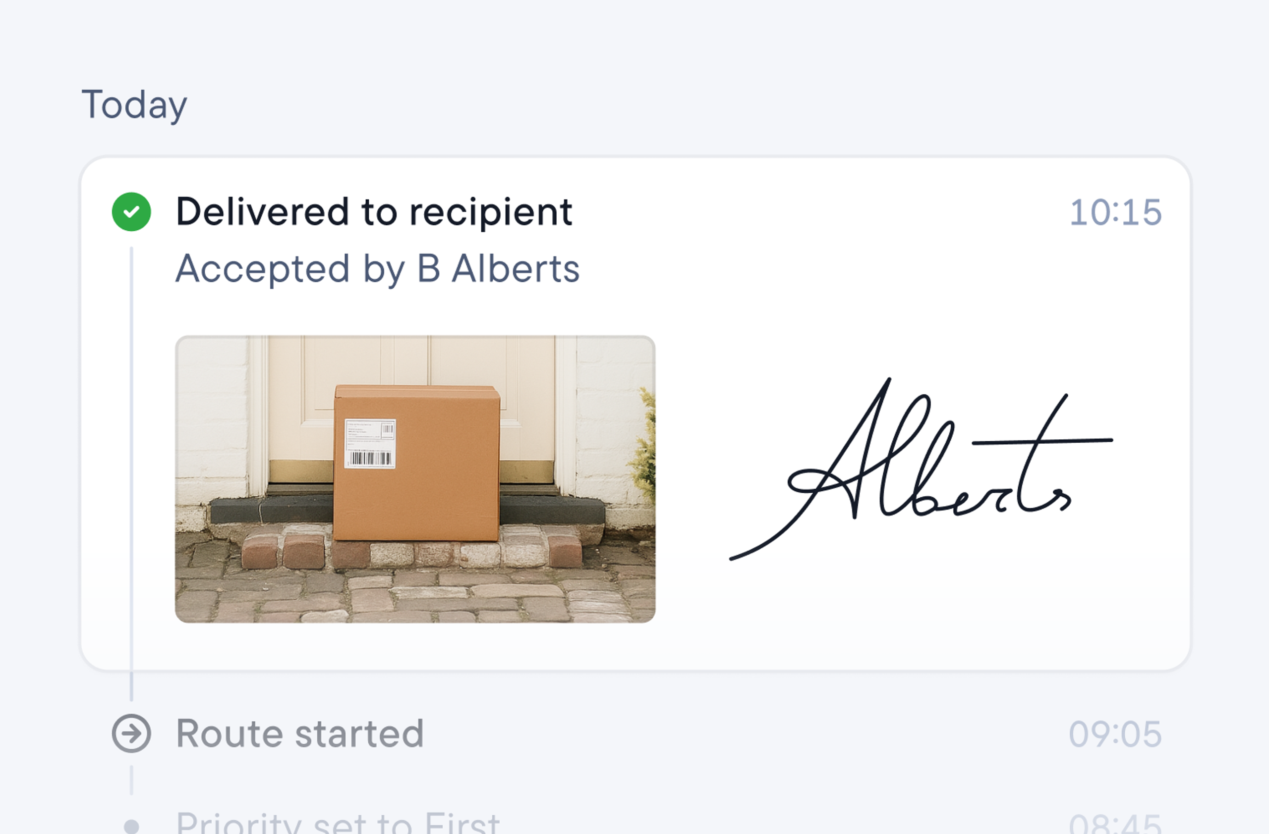 Stop timeline showing a delivery photo and signature, with route started and priority updates