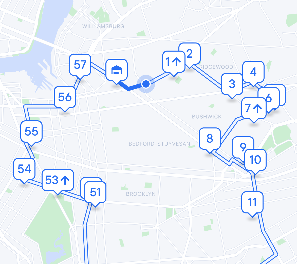 Map of Brooklyn showing a numbered route (1-57) with a house icon and a current location marker.