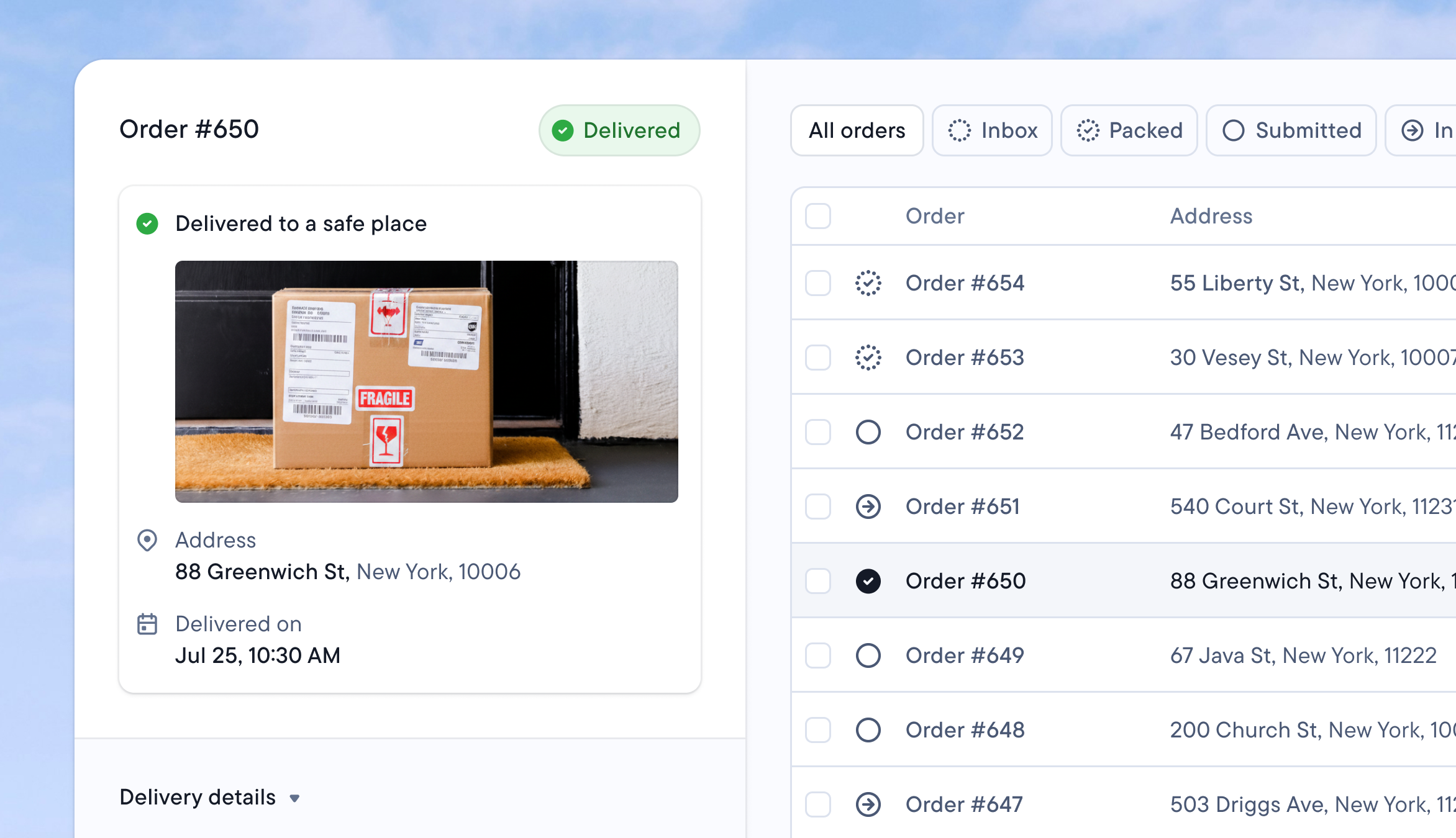 Client portal showing an order delivered to a safe place with a photo, next to the client’s list of orders