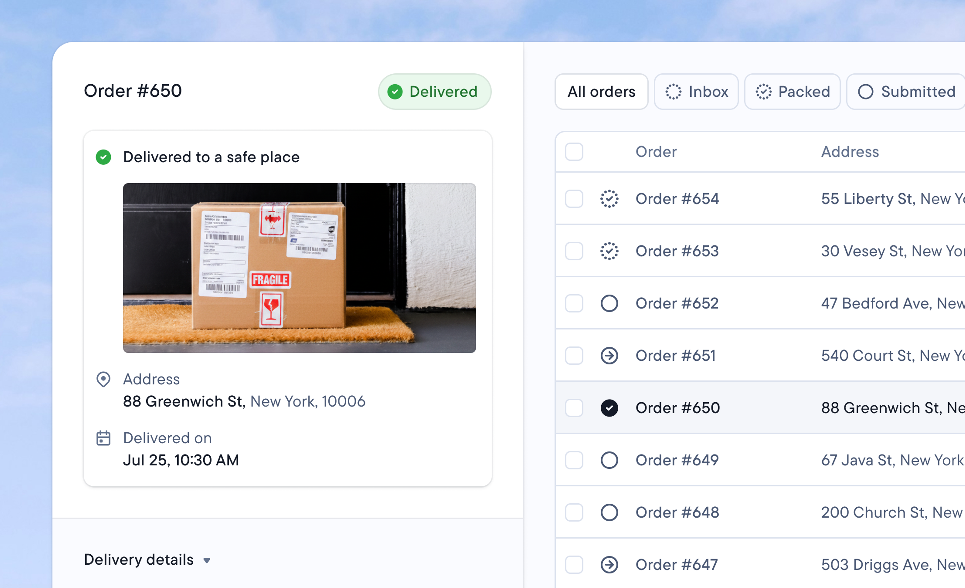 Client portal showing an order delivered to a safe place with a photo, next to the client’s list of orders