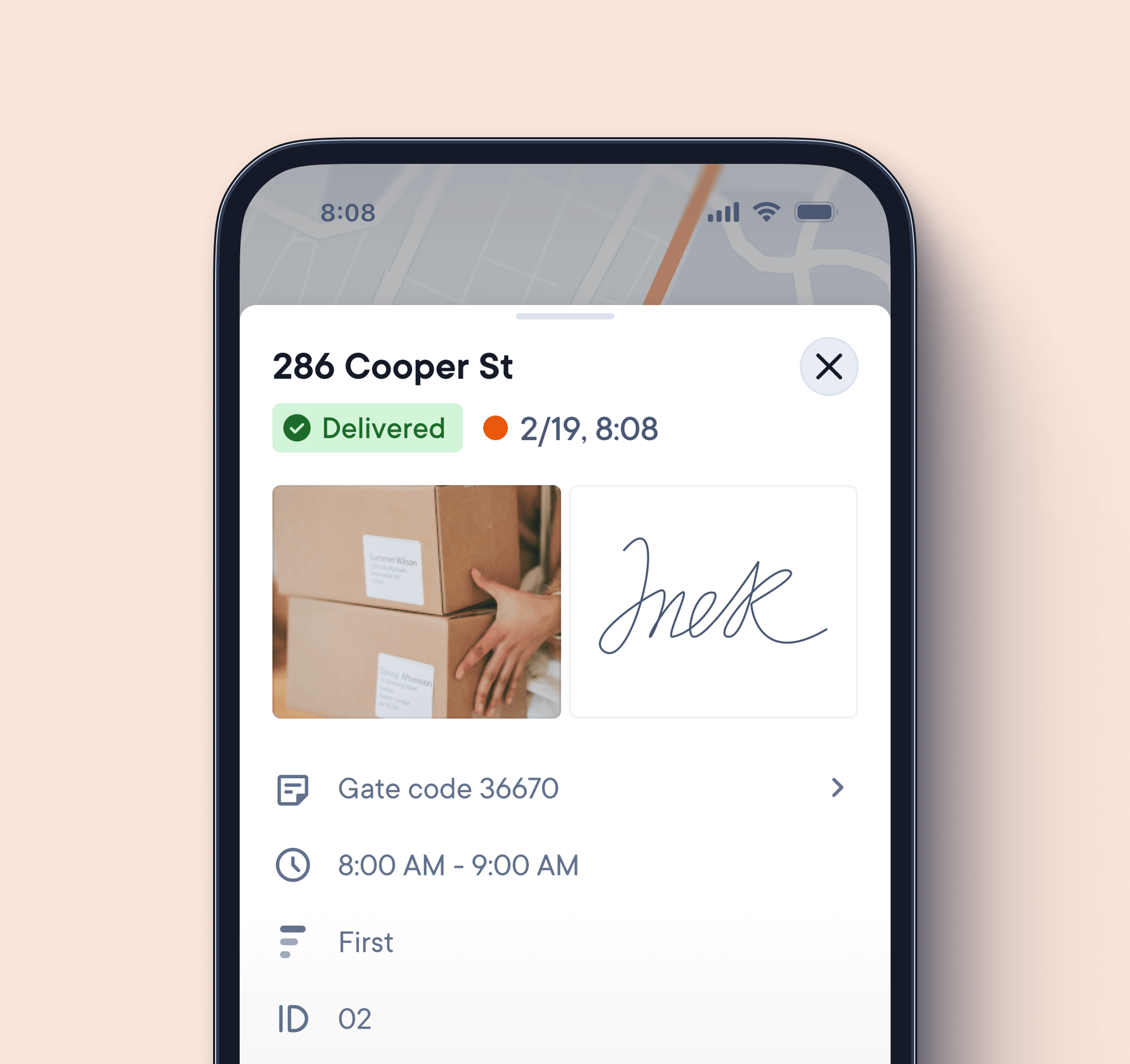 Delivery confirmation screen on a mobile device showing delivery at 286 Cooper St, marked as ‘Delivered’ at 8:08 AM with a photo of delivered packages and a recipient’s signature.