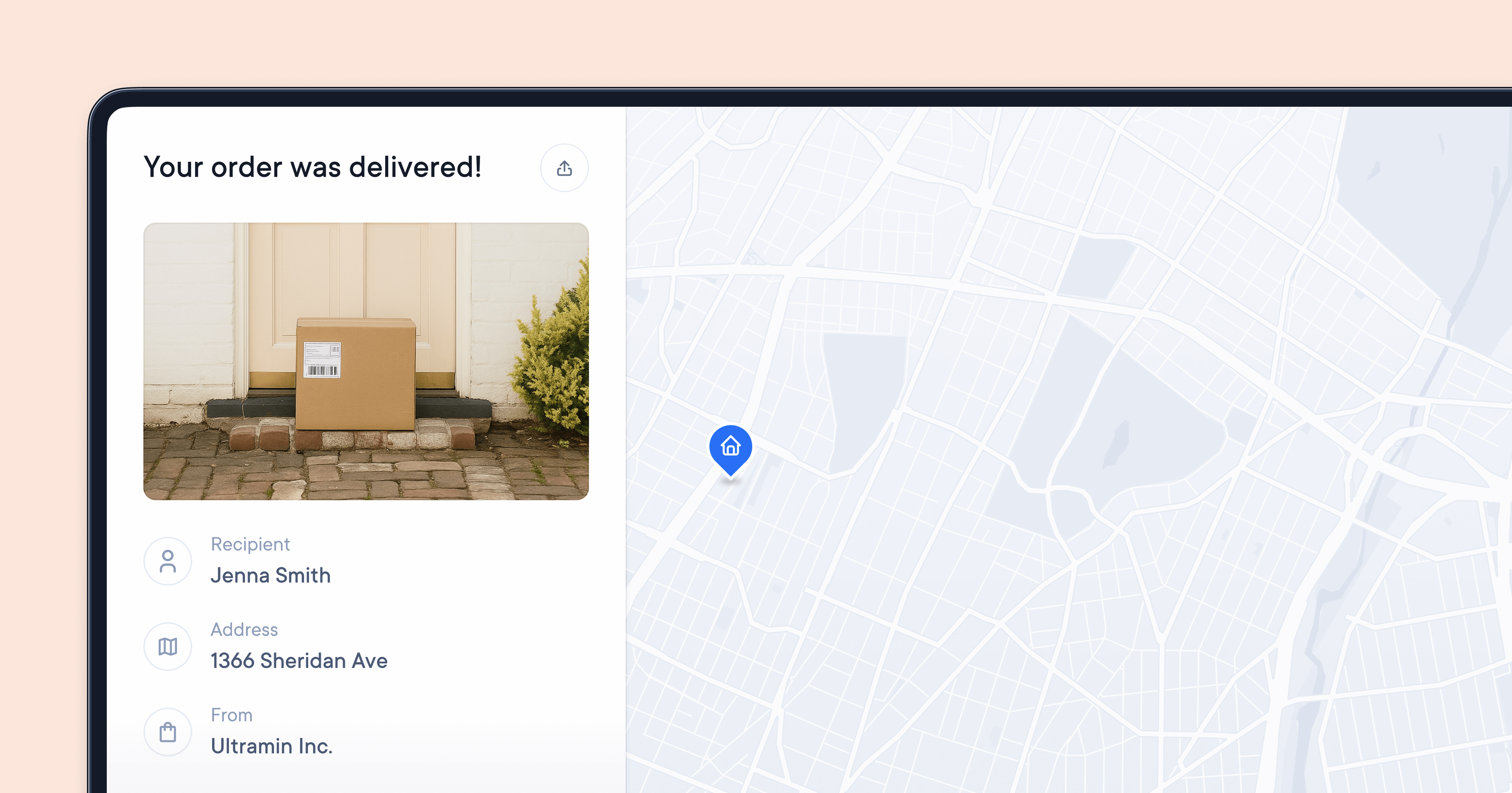 Order delivery confirmation screen showing a photo of a package at the front door, with delivery details including recipient Jenna Smith, address 1366 Sheridan Ave, and sender Ultramin Inc.