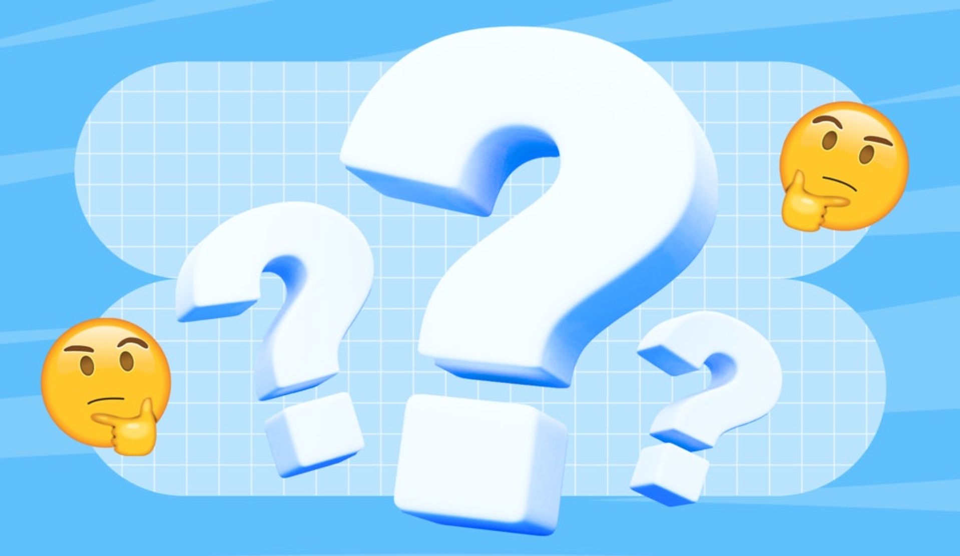 Close-up of a question mark surrounded by thinking emojis
