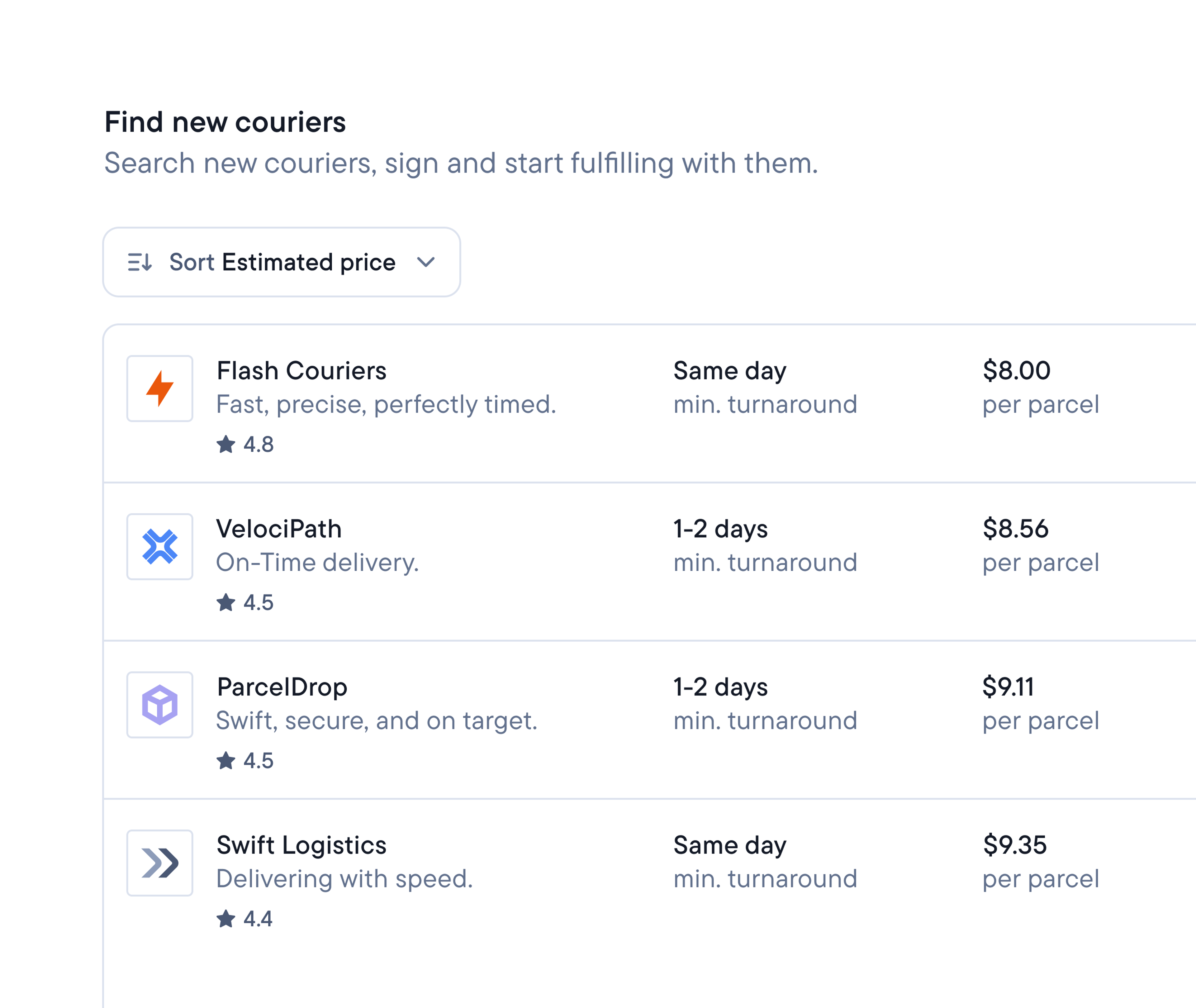 Interface for finding couriers, listing services with descriptions, ratings, turnaround times, and prices per parcel.