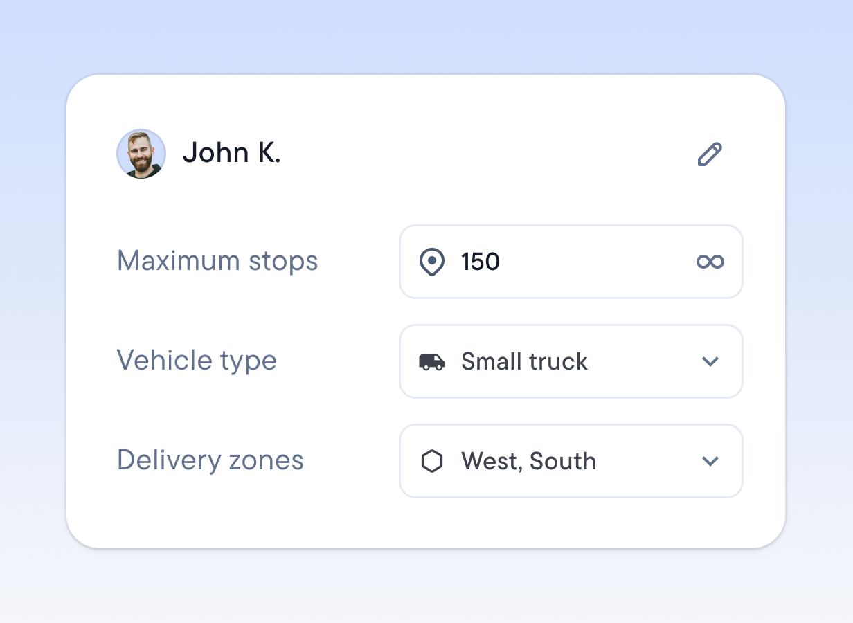 Route settings for a driver: maximum stops of 150, small truck vehicle type, and West and South delivery zones