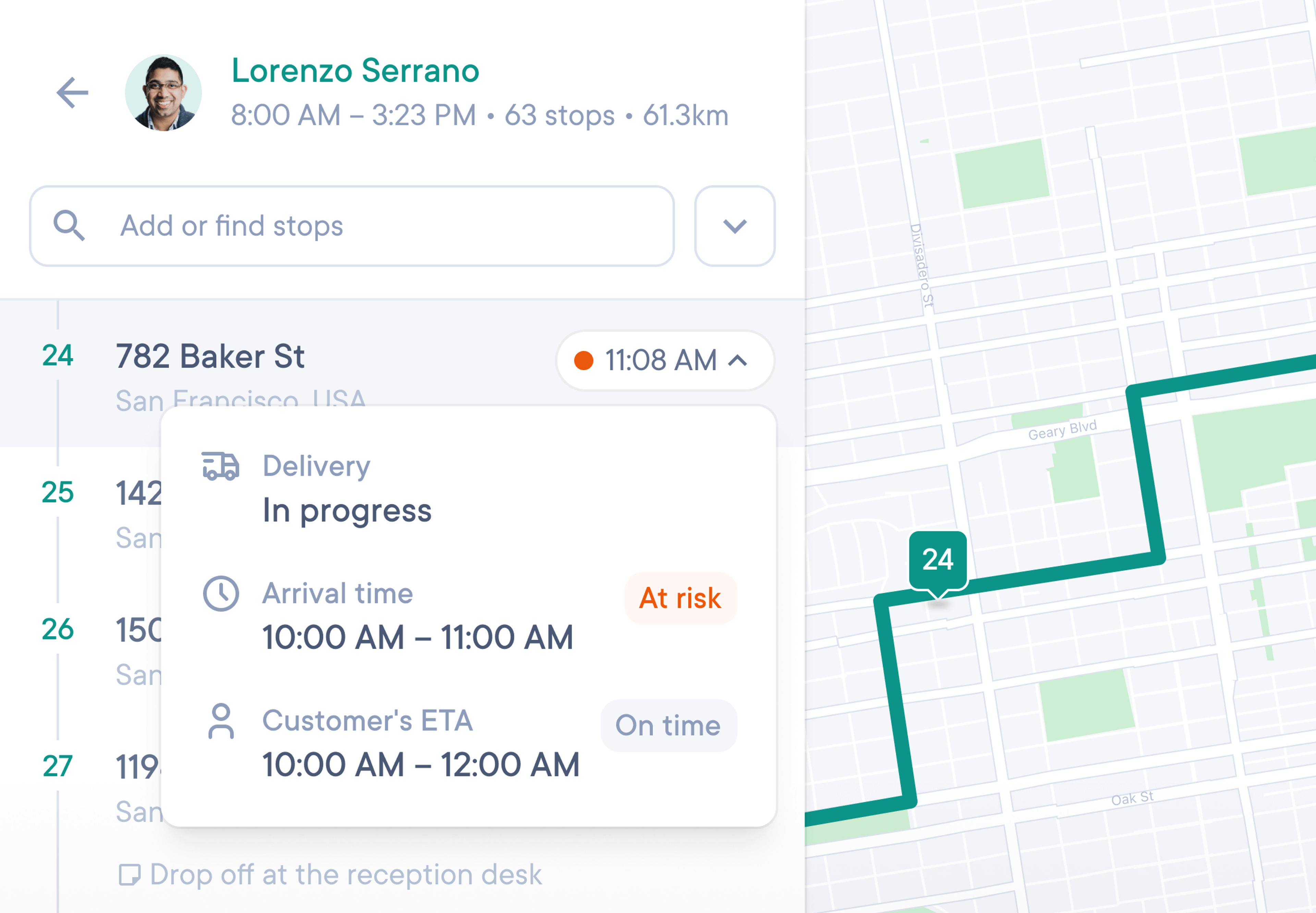 Driver detail sidebar for Lorenzo Serrano (8 AM–3:23 PM, 63 stops, 61.3 km) with an ‘In progress’ pop-up showing arrival window, risk status, and customer ETA overlaid on his route map.