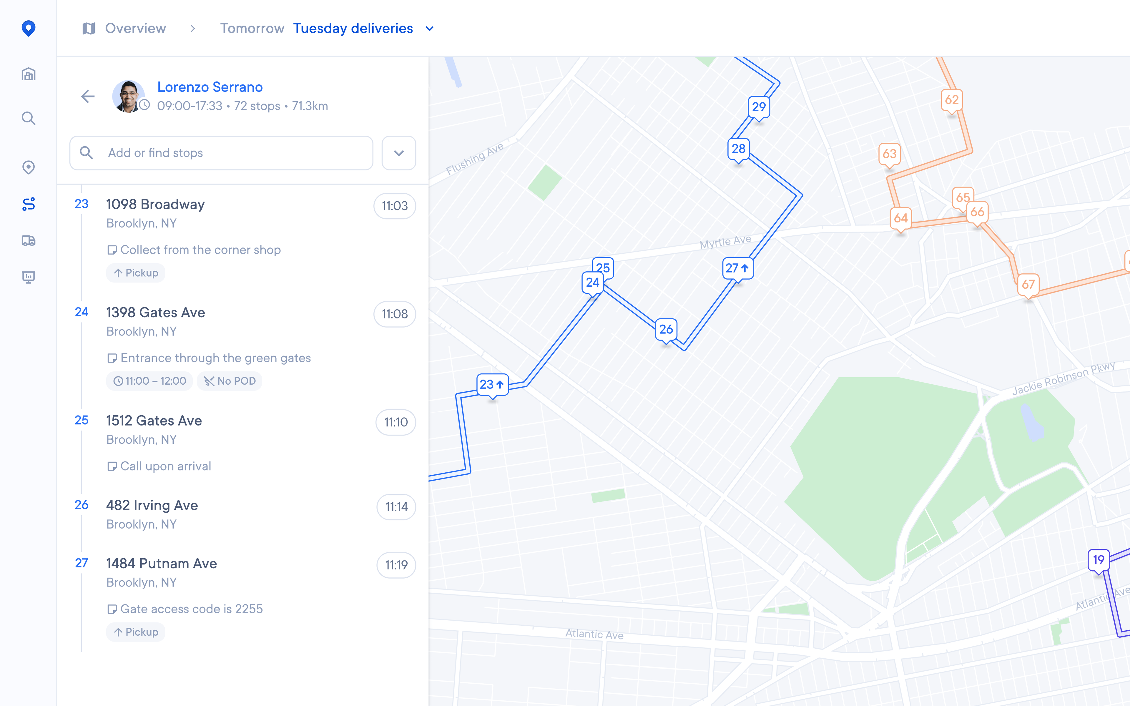 Delivery app screen showing breadcrumb ‘Overview > Tomorrow > Tuesday deliveries’. Profile of driver Lorenzo Serrano (09:00–17:33 • 72 stops • 71.3 km) with a search bar ‘Add or find stops’.