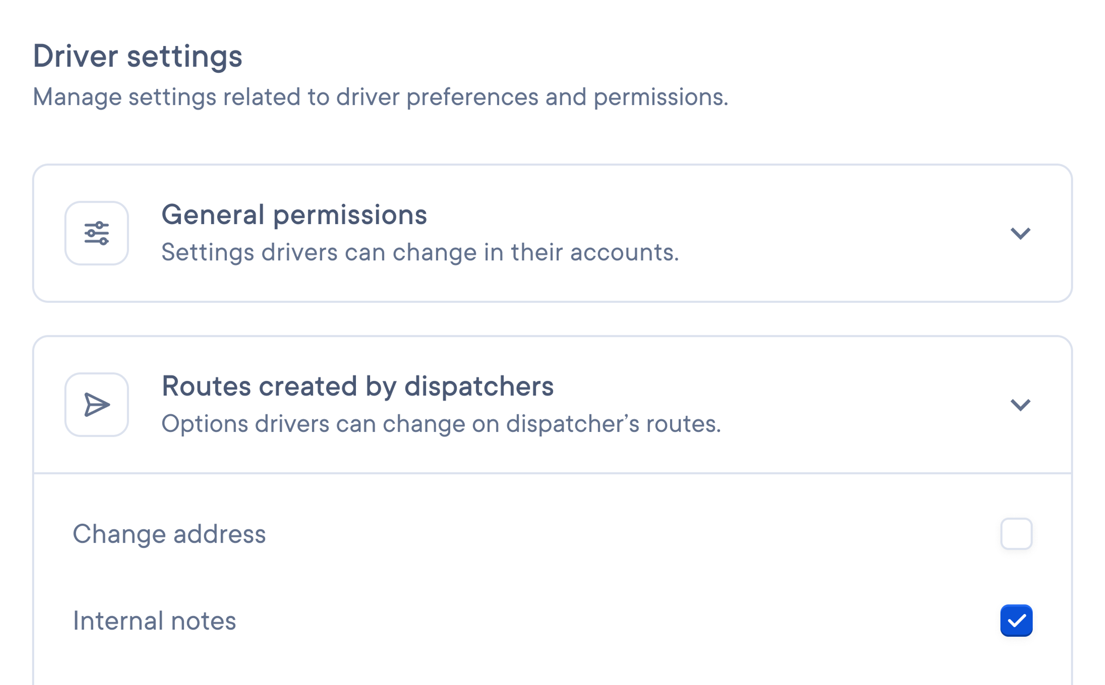 a screenshot of the driver settings page showing general permissions and routes created by dispatchers