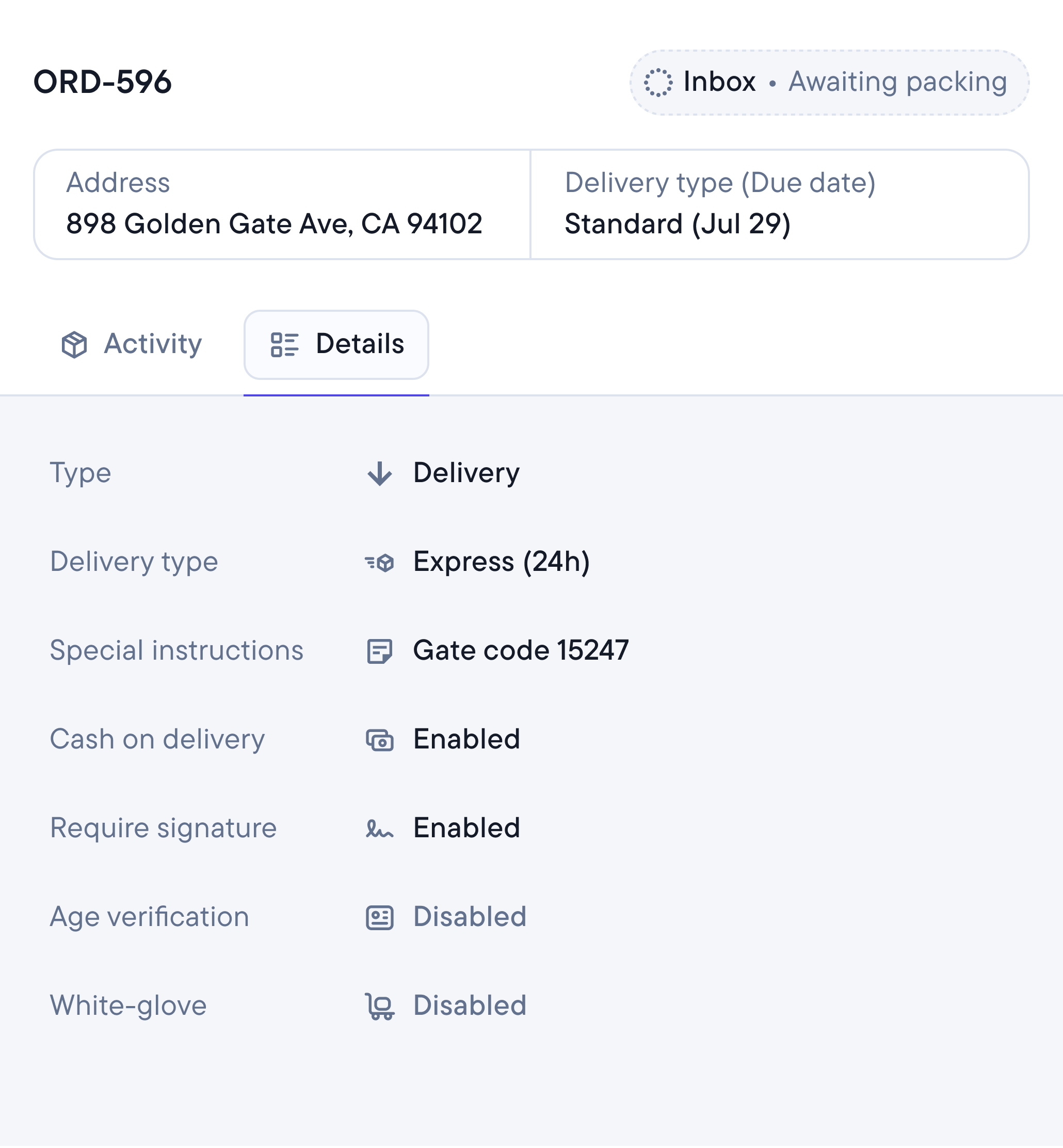 Delivery details screen for order ORD-596 showing address, delivery type, and various enabled/disabled delivery options.