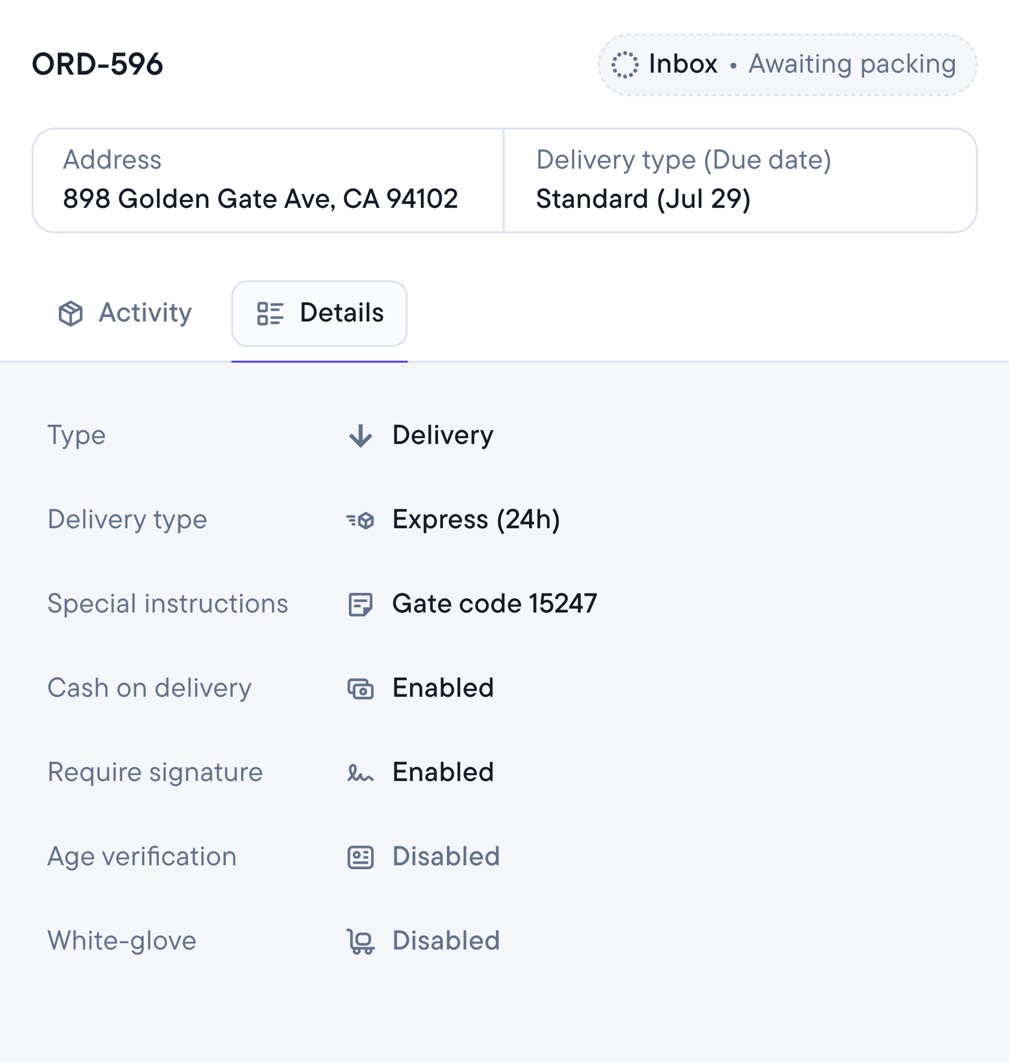 Delivery details screen for order ORD-596 showing address, delivery type, and various enabled/disabled delivery options.